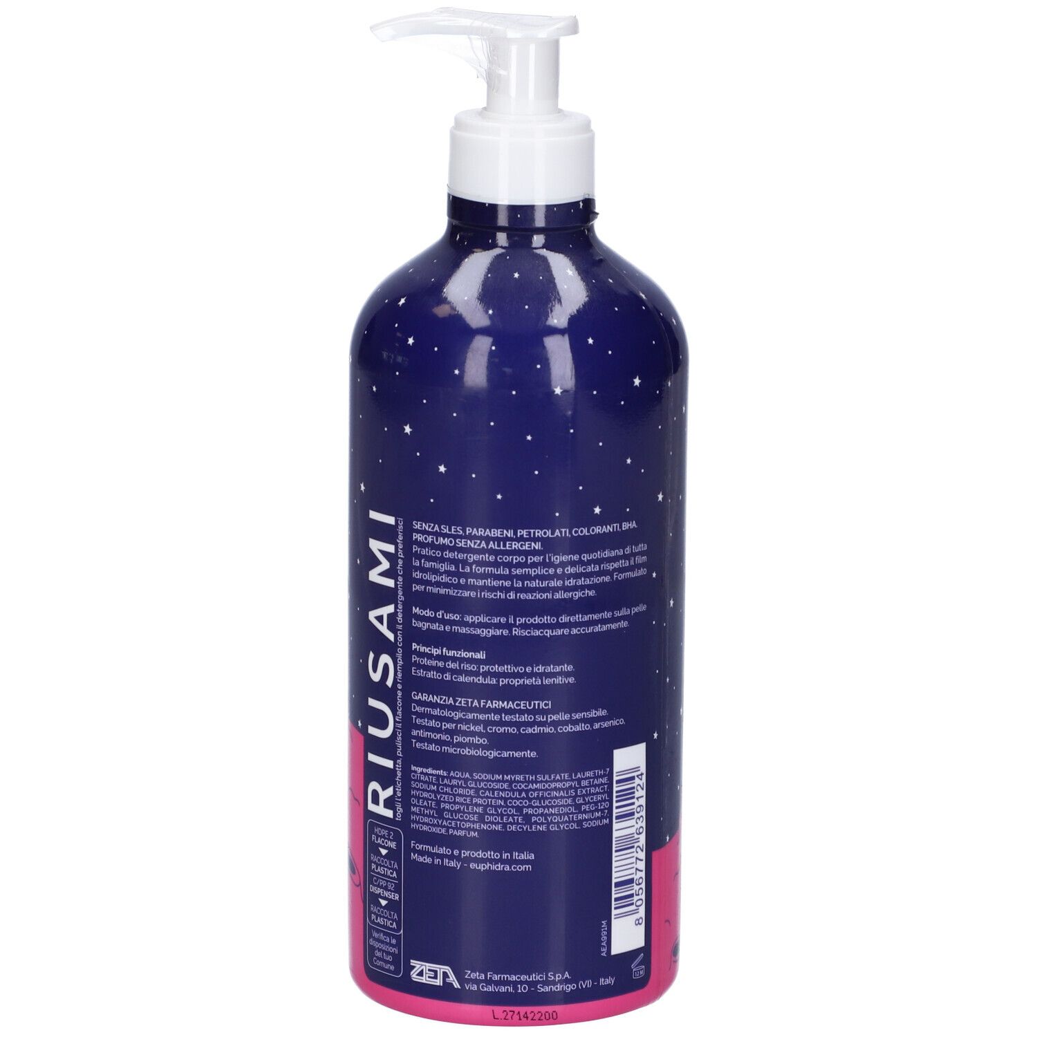 Flacone blu con dosatore, vista laterale. Testo: "Dermo doccia", ingredienti e informazioni. Base rosa.