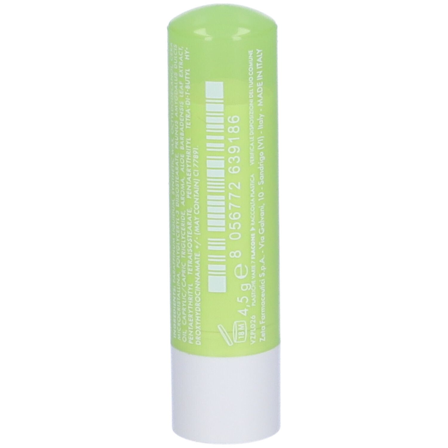 Grüner Lippenbalsam-Stift mit weißem Deckel und Aufdruck.