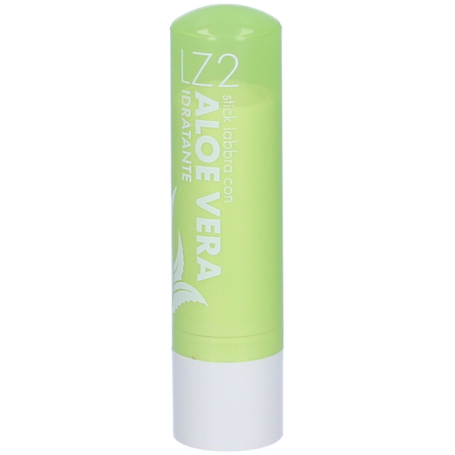 Hellgrüner Lippenbalsam-Stift mit weißem Boden. Beschriftung: Aloe Vera, Idratante.