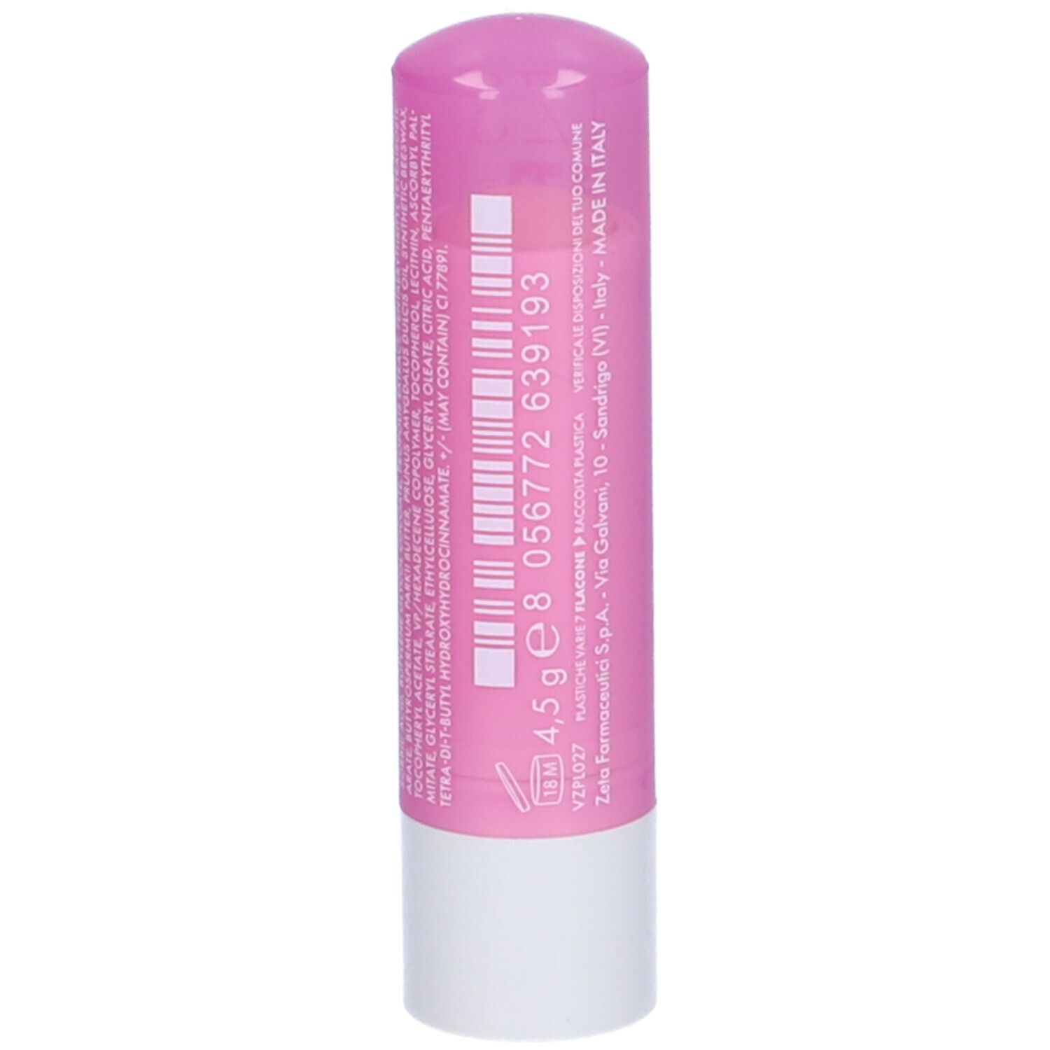 Ein rosa Lippenbalsam-Stift mit weißem Boden und Beschriftung.