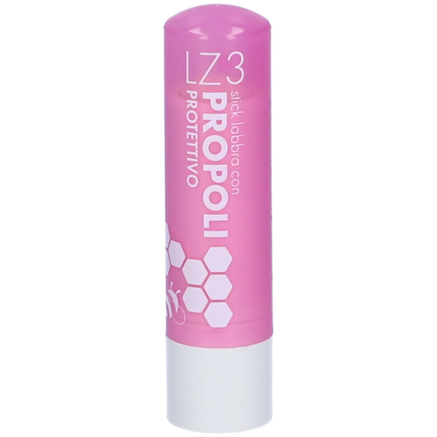 Rosa Lippenbalsam-Stick mit weißem Boden. Beschriftung: LZ3 PROPOLI PROTETTIVO.