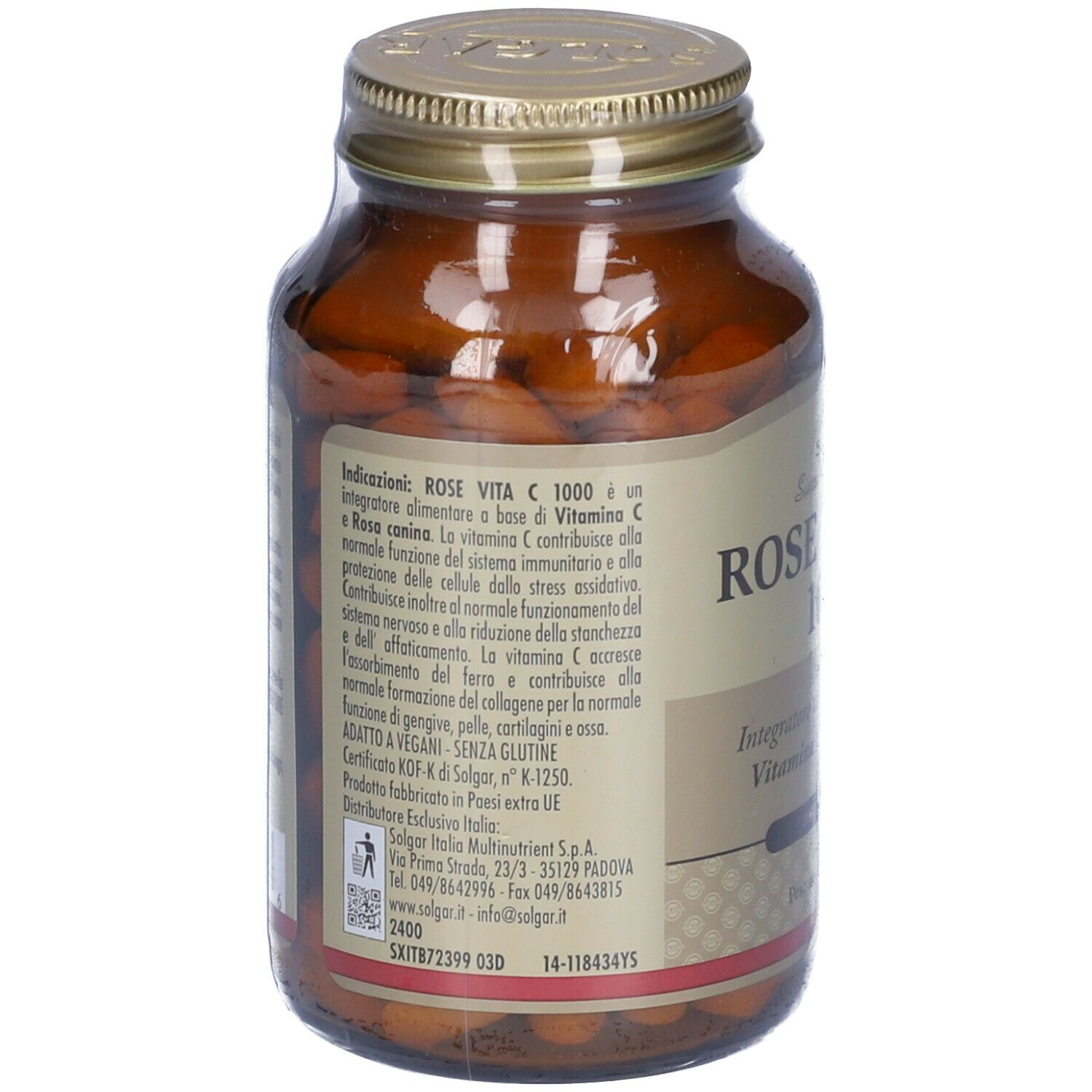 Retro del flacone di vetro marrone. Scritta: ROSE VITA C 1000. Contiene vitamina C e rosa canina. Marchio: SOLGAR.