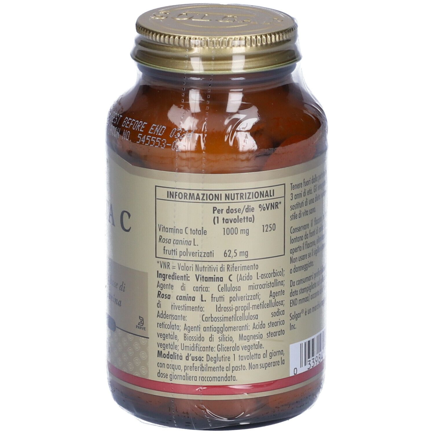 Retro del flacone di vetro marrone. Informazioni nutrizionali. Contiene vitamina C e rosa canina. Marchio: SOLGAR.