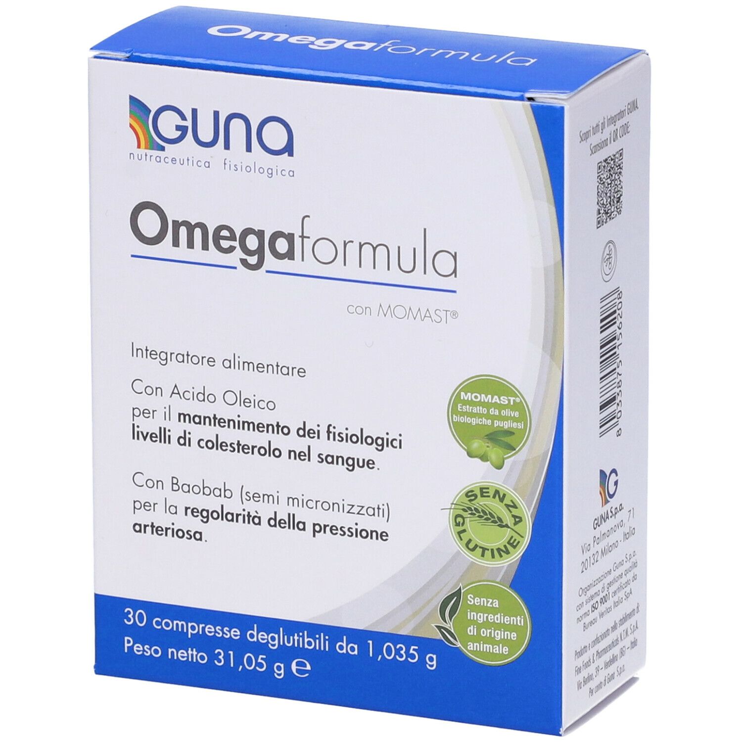 Boîte de complément alimentaire Omegaformula. Emballage bleu et blanc avec nom du produit et logo.