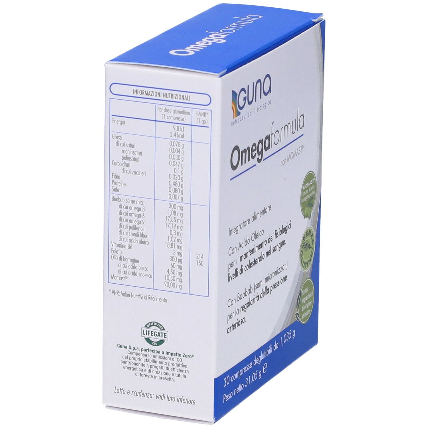 Vue en biais de l'emballage Omegaformula. Informations nutritionnelles et détails du produit imprimés.