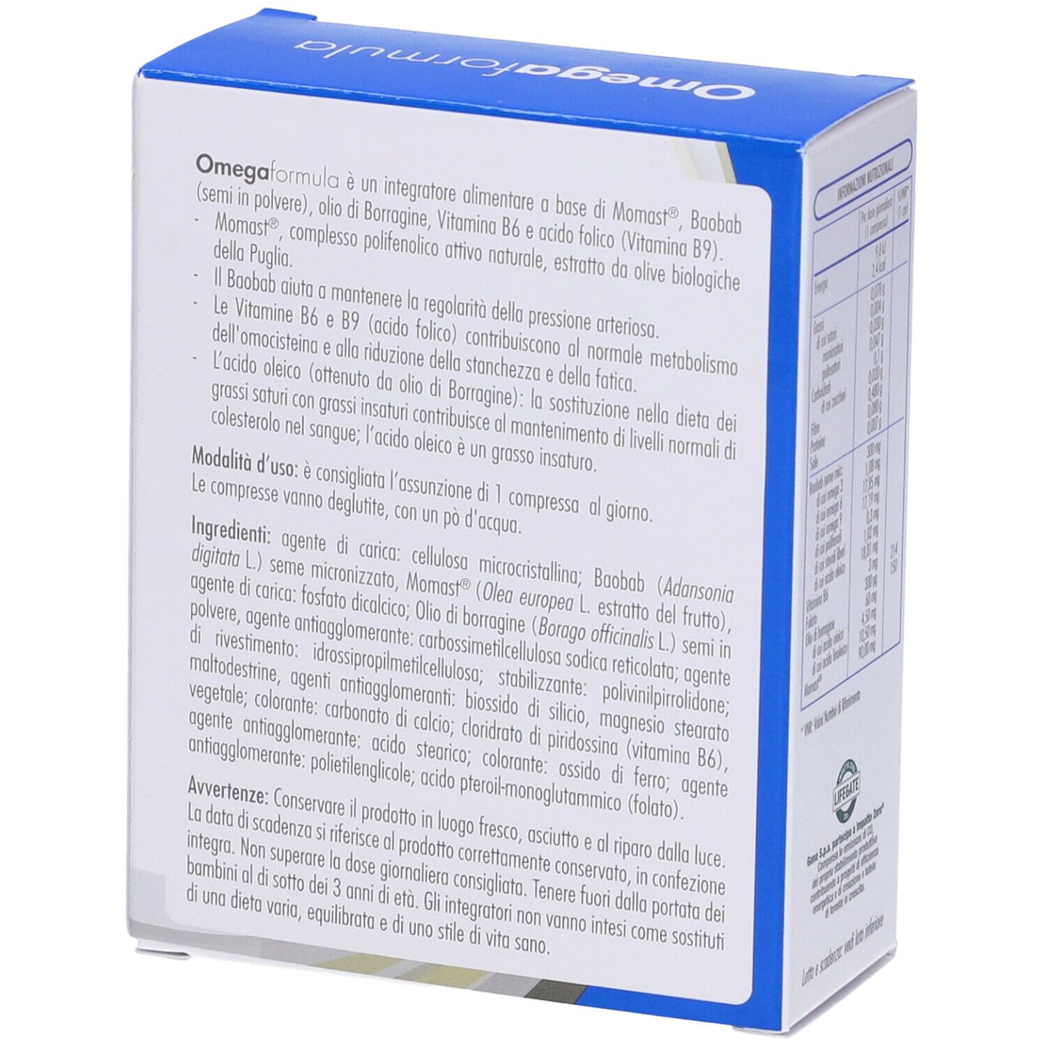 Dos de l'emballage Omegaformula. Liste des ingrédients et instructions d'utilisation.