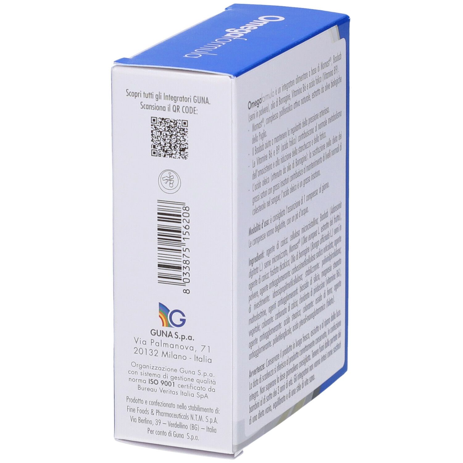 Vue latérale de l'emballage Omegaformula. Code QR, code-barres et informations du fabricant.