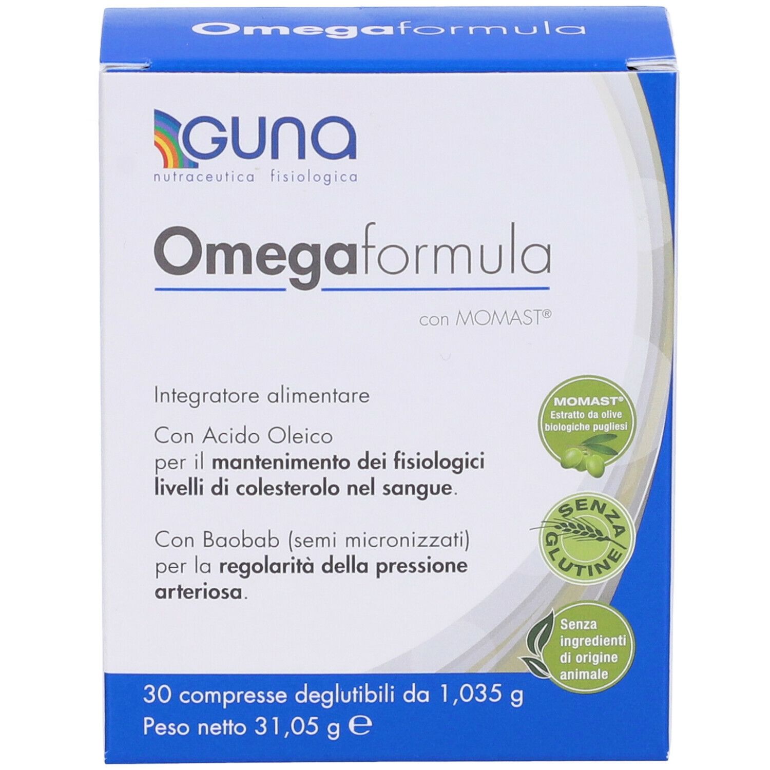 Vue de face de l'emballage Omegaformula. Nom du produit, logo et informations clés.