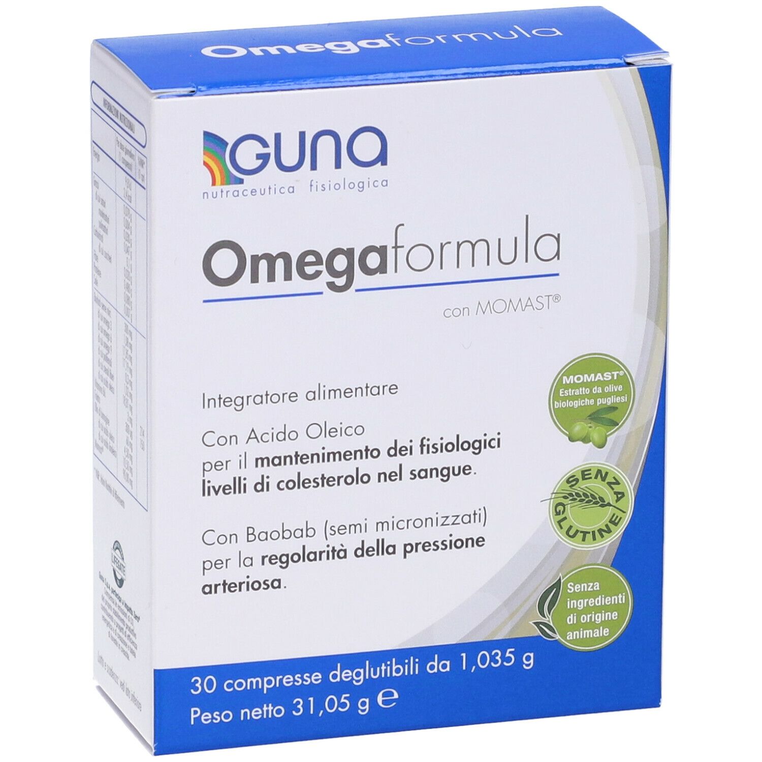 Vue de face de l'emballage Omegaformula. Nom du produit, logo et informations clés.
