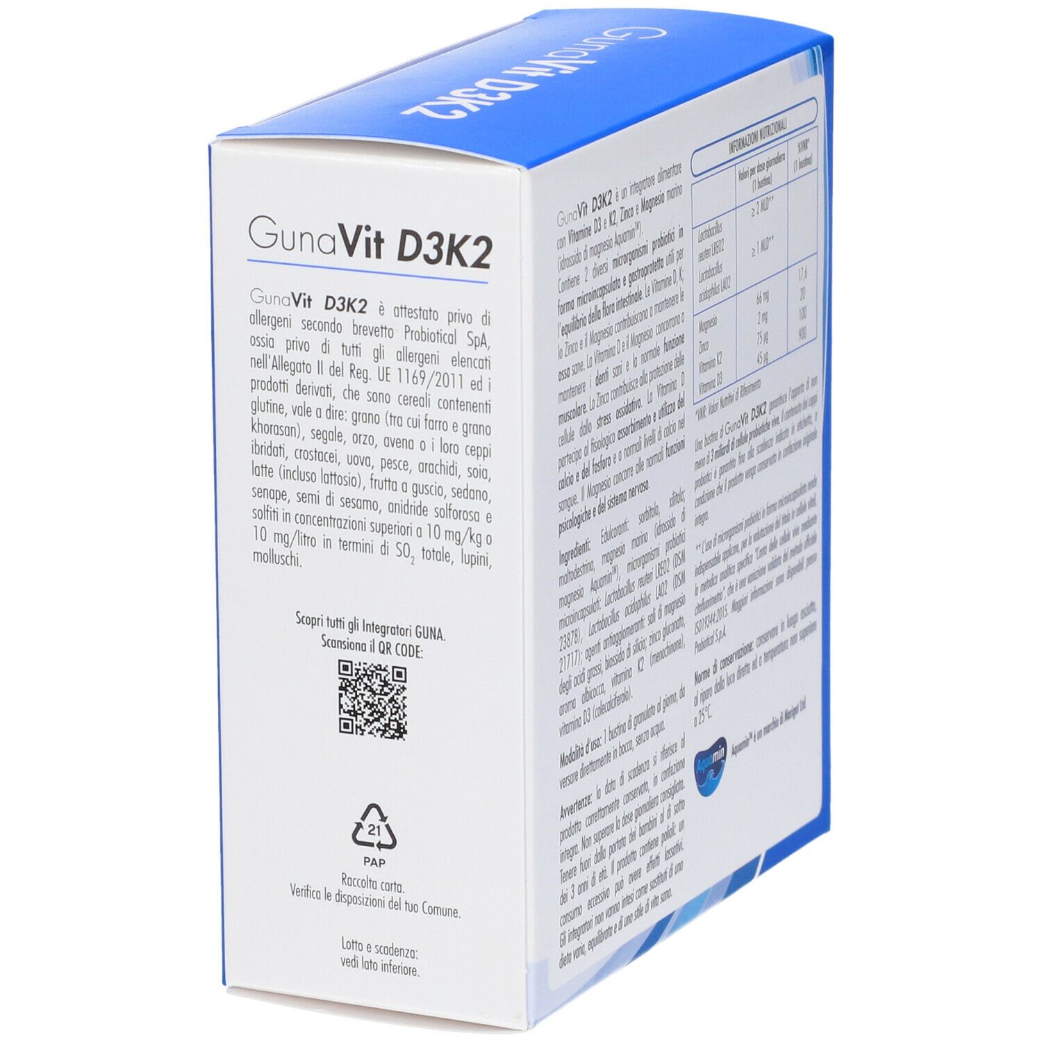 Confezione Guna Vit D3K2. Retro con testo e QR code. Istruzioni riciclo.