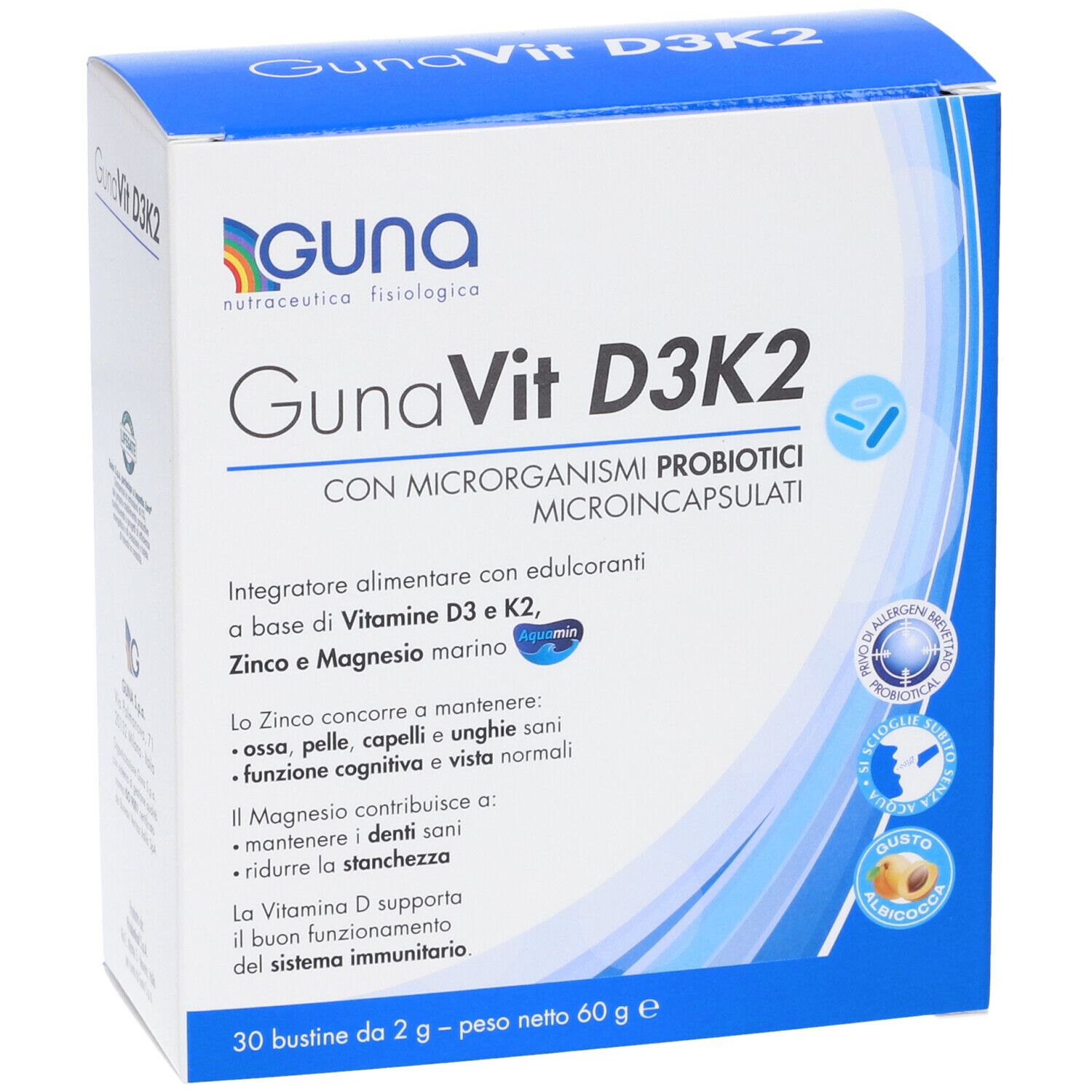 Confezione Guna Vit D3K2. Scatola blu con nome e logo. Vista frontale.