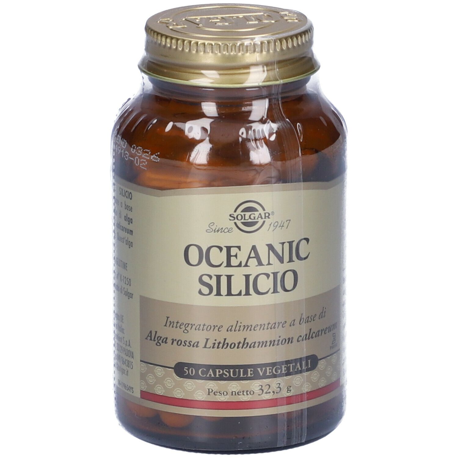 Flacone di vetro marrone con tappo dorato. Scritta: OCEANIC SILICIO, 50 capsule. Marchio: SOLGAR.