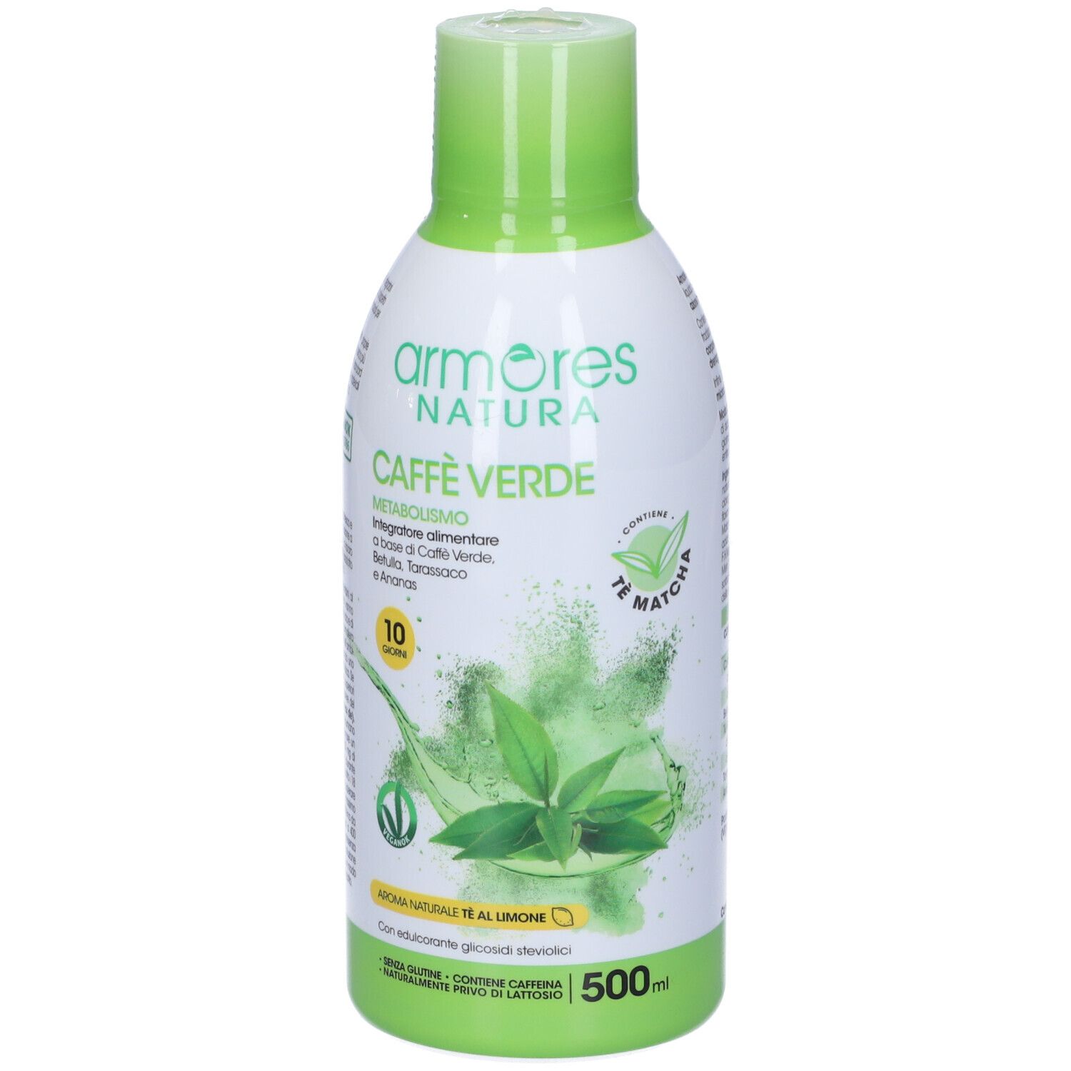 Bottiglia verde e bianca 'Armores Natura Caffe' Verde. Contiene 500ml. Scritta 'Te Matcha' e '10 giorni'. Ingredienti e logo verde.