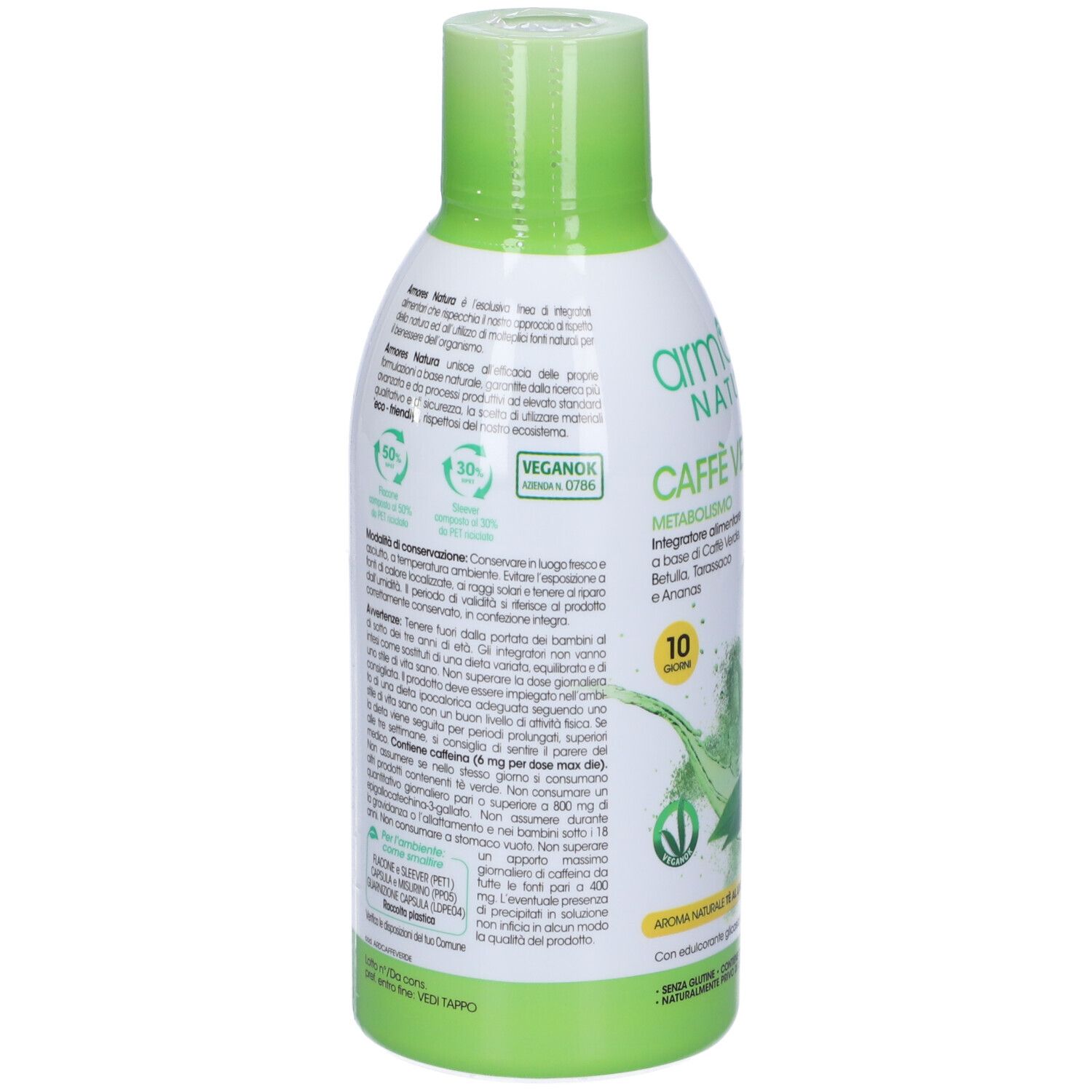 Retro della bottiglia verde 'Armores Natura Caffe' Verde. Testo con ingredienti e informazioni. Sigillo Vegan e logo riciclo.