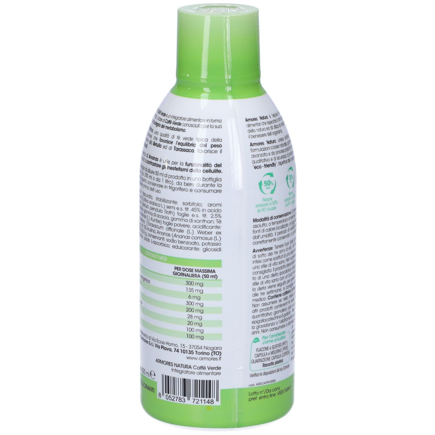 Retro della bottiglia verde 'Armores Natura Caffe' Verde. Dettaglio ingredienti e valori nutrizionali. Testo in italiano.