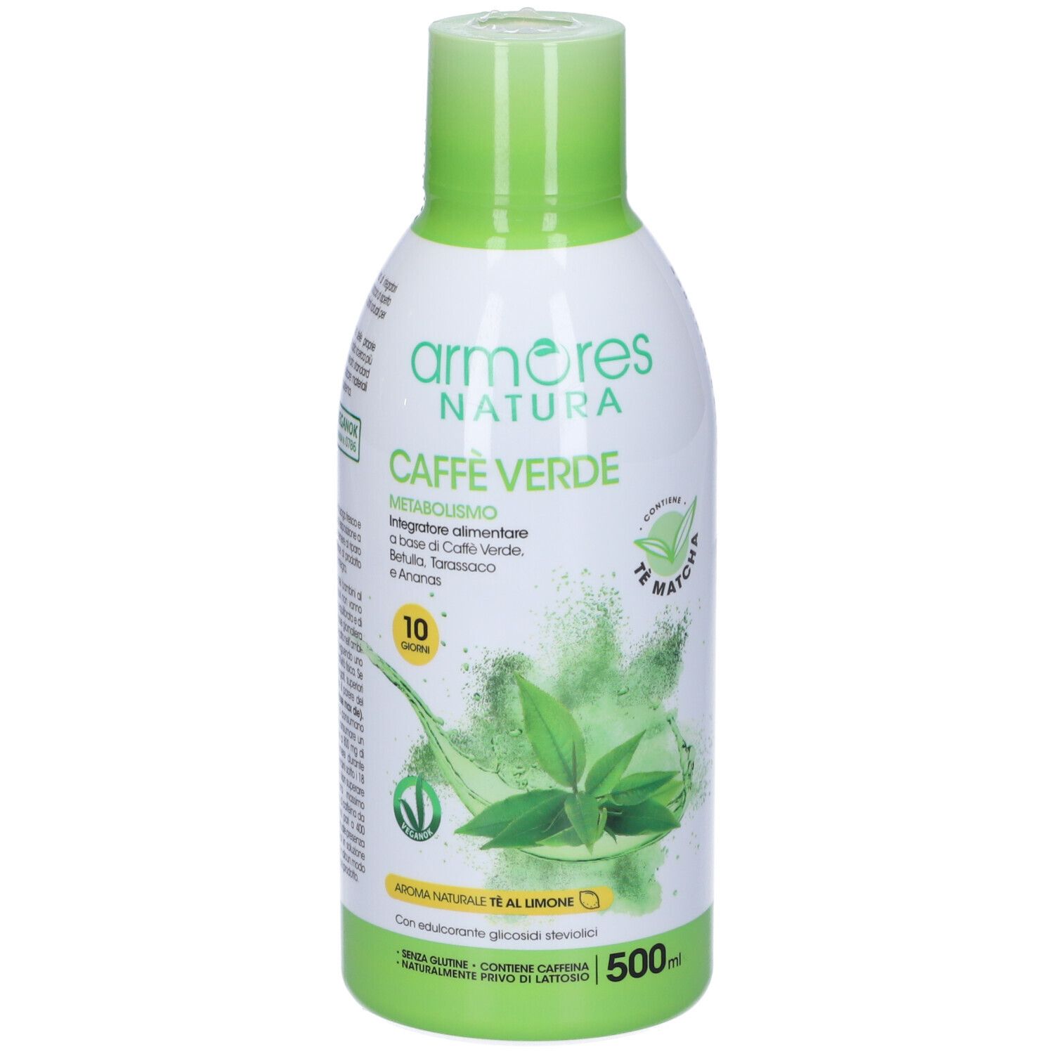 Bottiglia verde e bianca 'Armores Natura Caffe' Verde. Contiene 500ml. Scritta 'Te Matcha' e '10 giorni'. Ingredienti e logo verde.