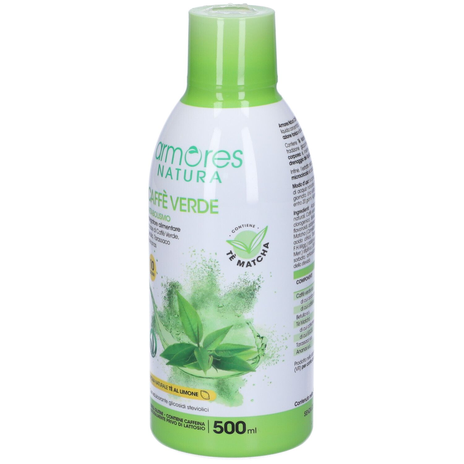 Bottiglia verde e bianca 'Armores Natura Caffe' Verde. Contiene 500ml. Scritta 'Te Matcha' e '10 giorni'. Ingredienti e logo verde.