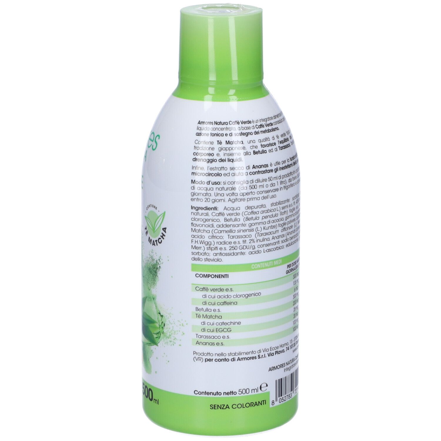 Retro della bottiglia verde 'Armores Natura Caffe' Verde. Testo con ingredienti e informazioni. Logo 'Te Matcha' e 500ml.