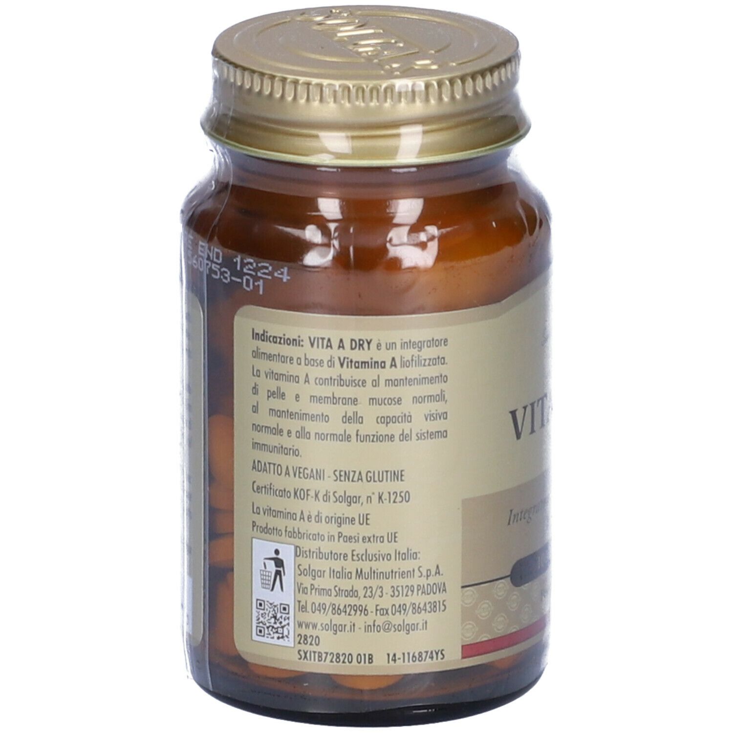 Retro di un flacone di vetro marrone. Scritta: SOLGAR Vita A Dry. Informazioni sugli ingredienti e il produttore.