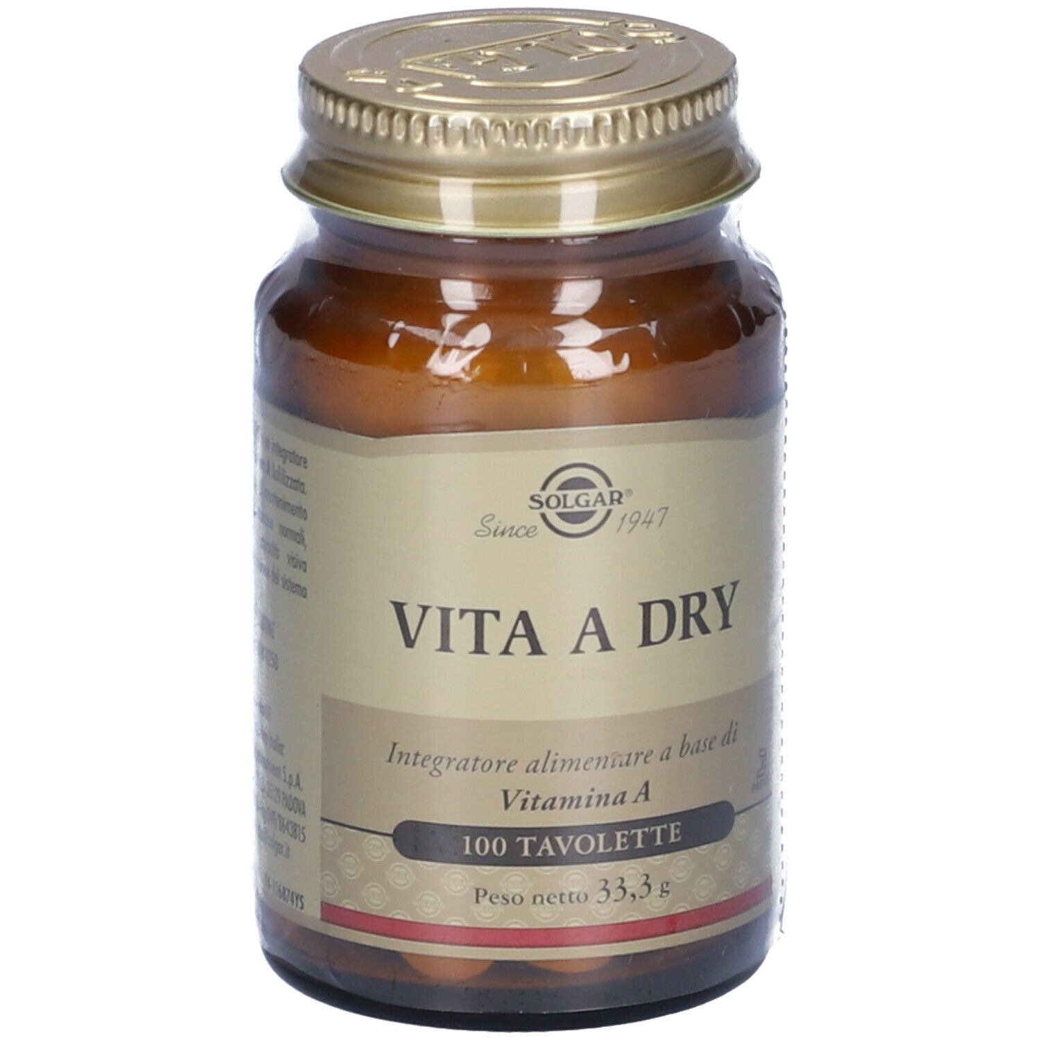 Flacone di vetro marrone con tappo dorato. Scritta: SOLGAR Vita A Dry, 100 compresse. Peso netto: 33,3 g.