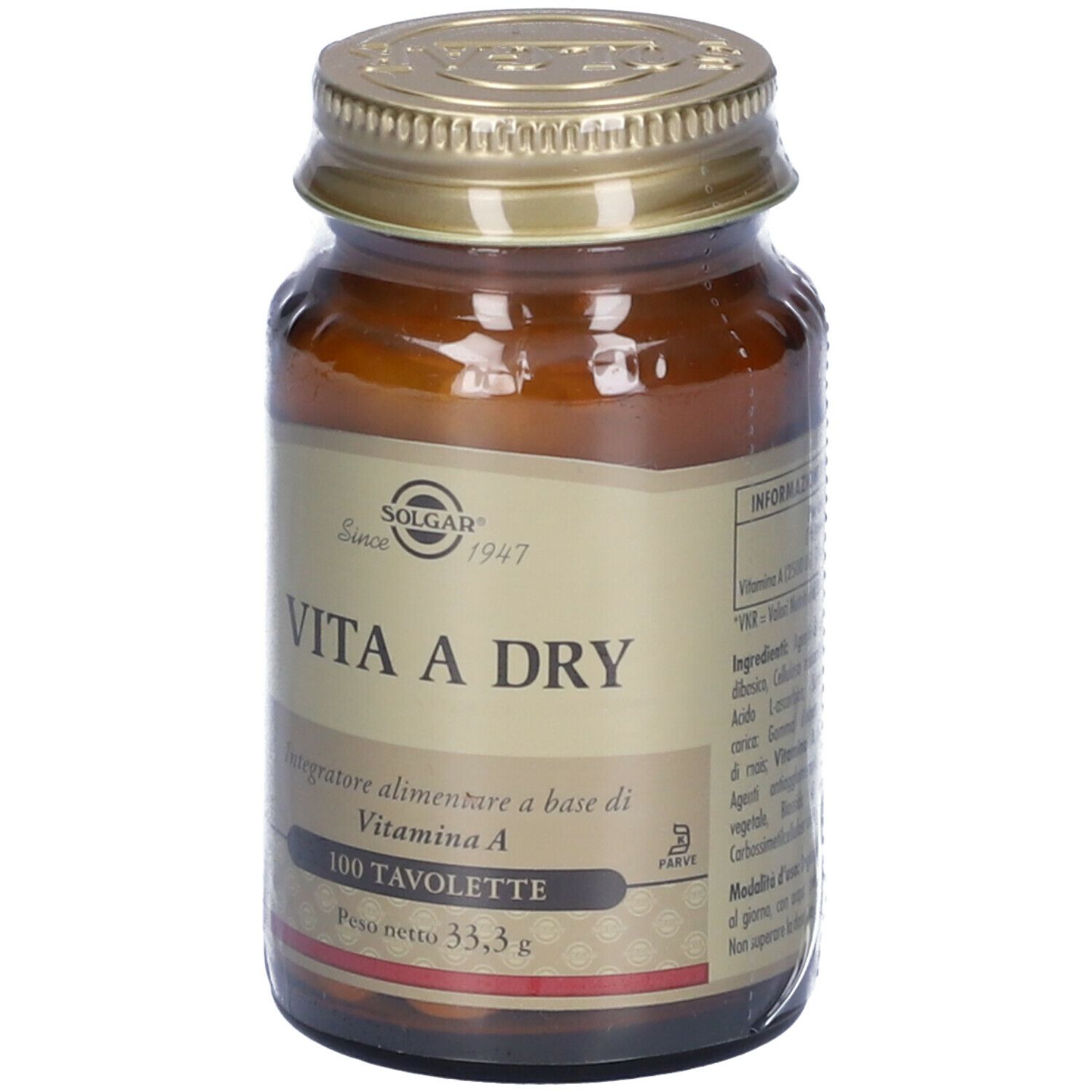 Flacone di vetro marrone con tappo dorato. Scritta: SOLGAR Vita A Dry, 100 compresse. Peso netto: 33,3 g.
