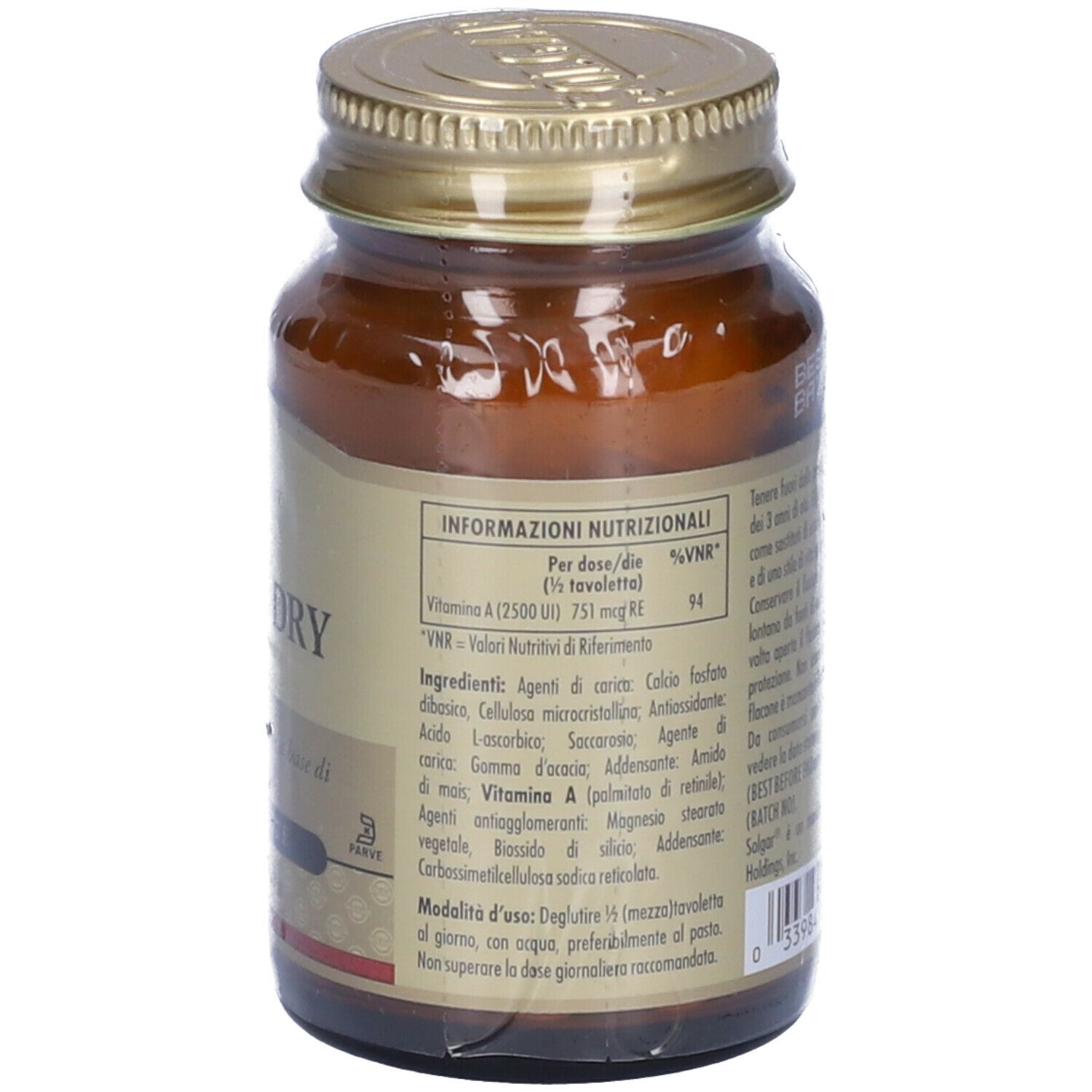 Retro di un flacone di vetro marrone. Scritta: SOLGAR Vita A Dry. Informazioni nutrizionali e ingredienti.