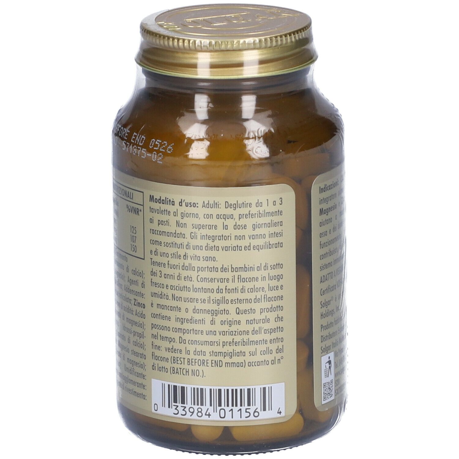 Retro di un flacone di vetro marrone. Etichetta con testo, comprese informazioni sull'uso e ingredienti.