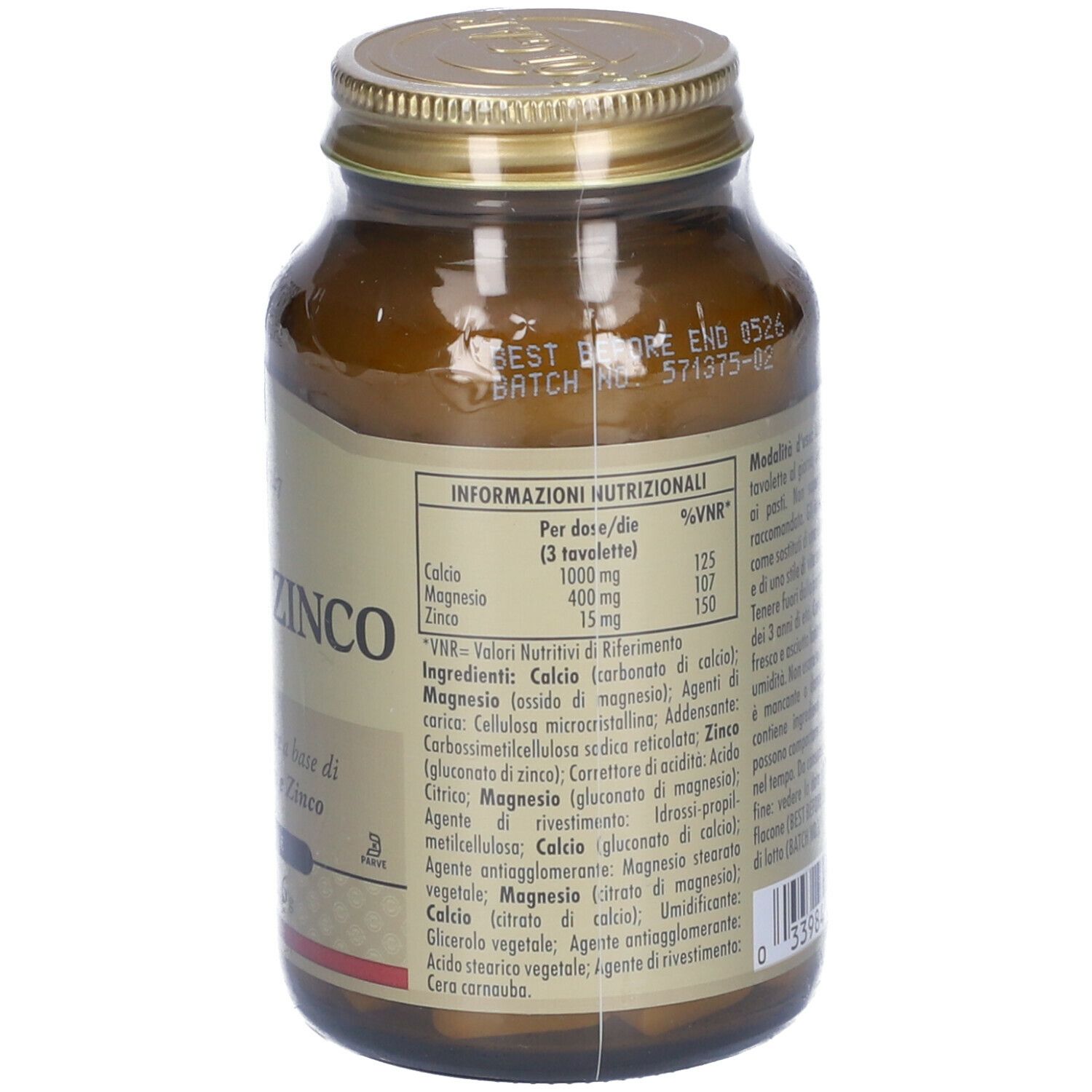 Retro di un flacone di vetro marrone. Etichetta con informazioni nutrizionali e ingredienti.