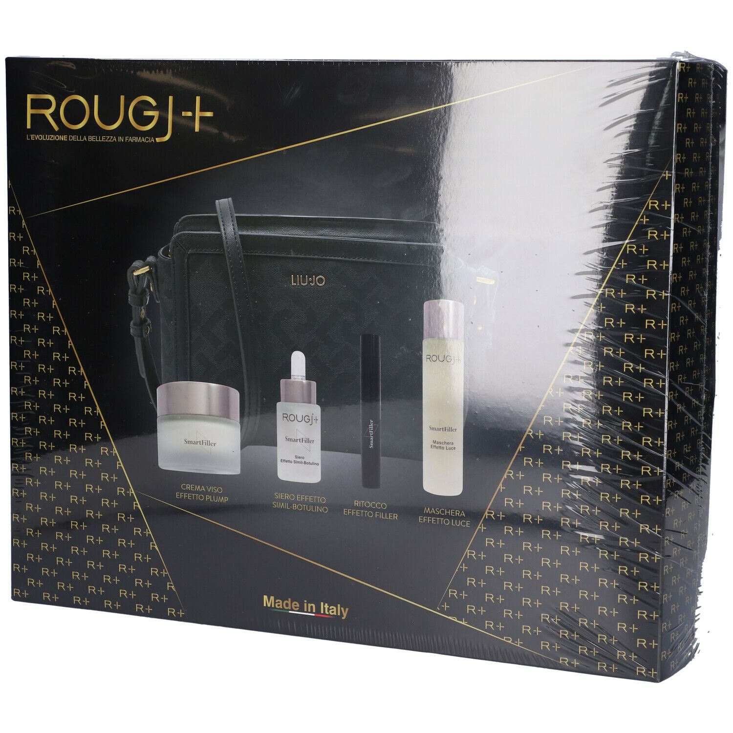 Confezione regalo nera con prodotti cosmetici e borsa. Scritte: Rougj, Liu Jo. Made in Italy.