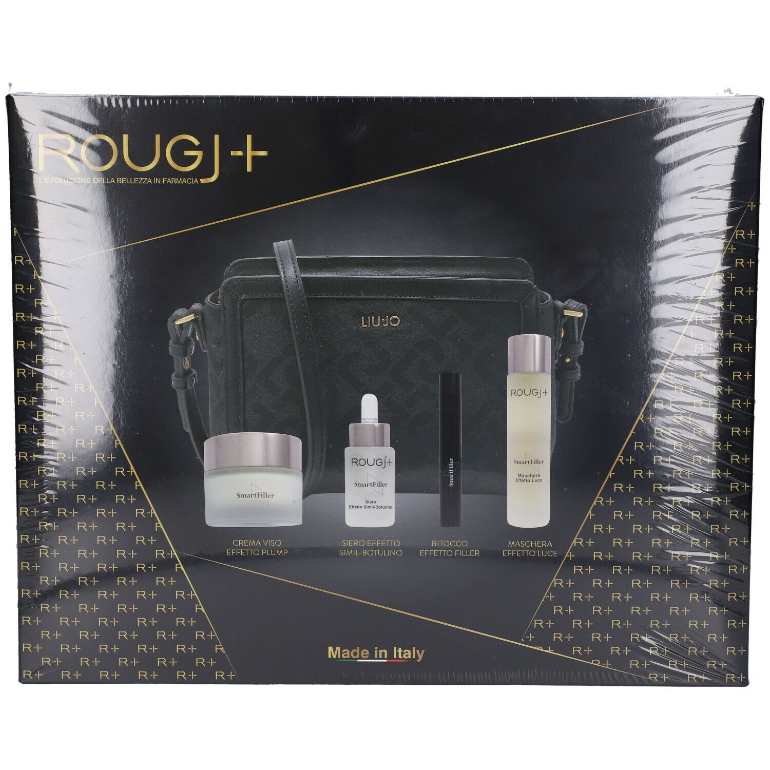 Confezione regalo nera con prodotti cosmetici e borsa. Scritte: Rougj, Liu Jo. Made in Italy.
