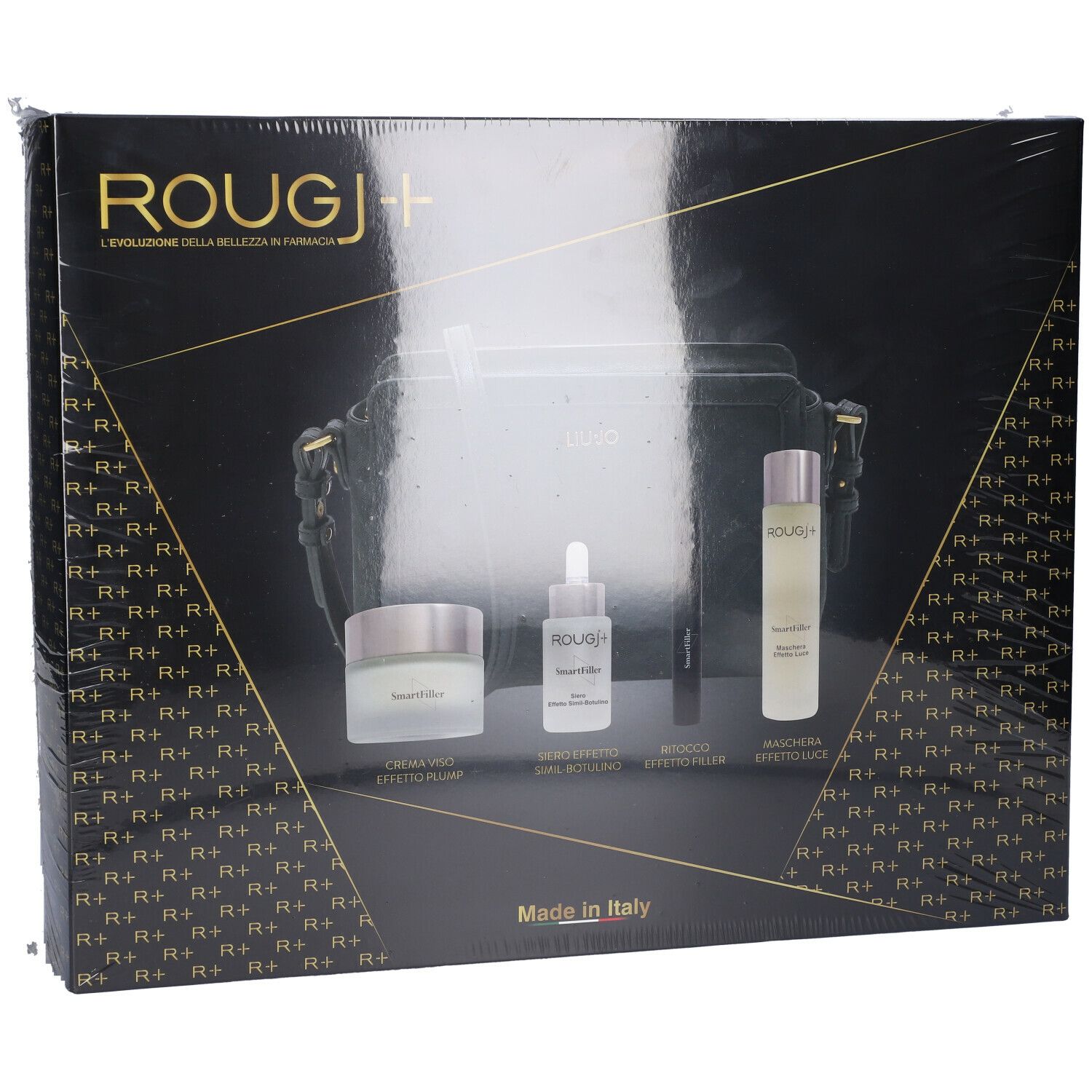 Confezione regalo nera con prodotti cosmetici e borsa. Scritta: Rougj. Confezionato in pellicola.