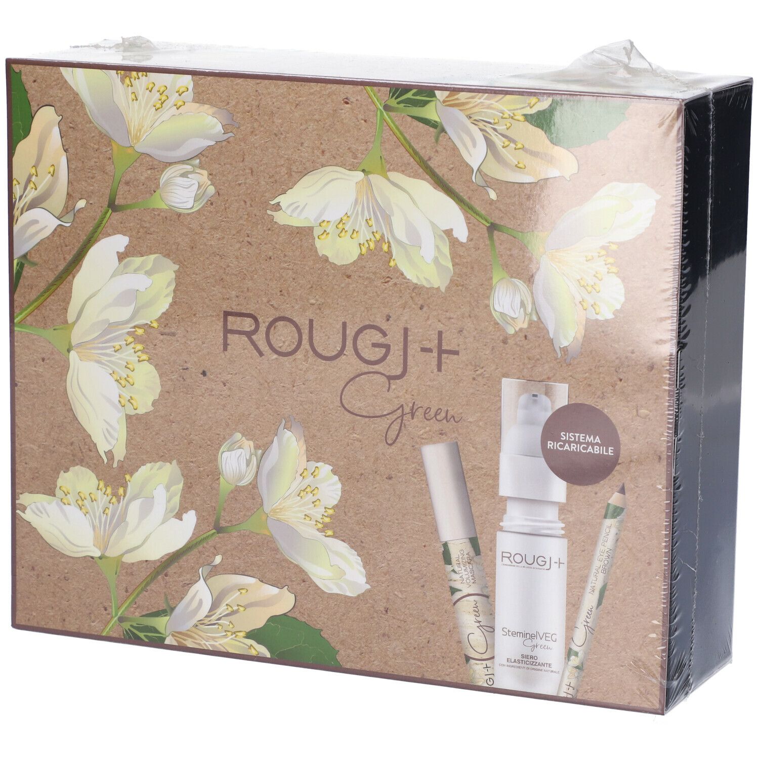 Cofanetto regalo Rougj+ Green con design floreale. Contiene mascara, siero, matita occhi. Confezione.
