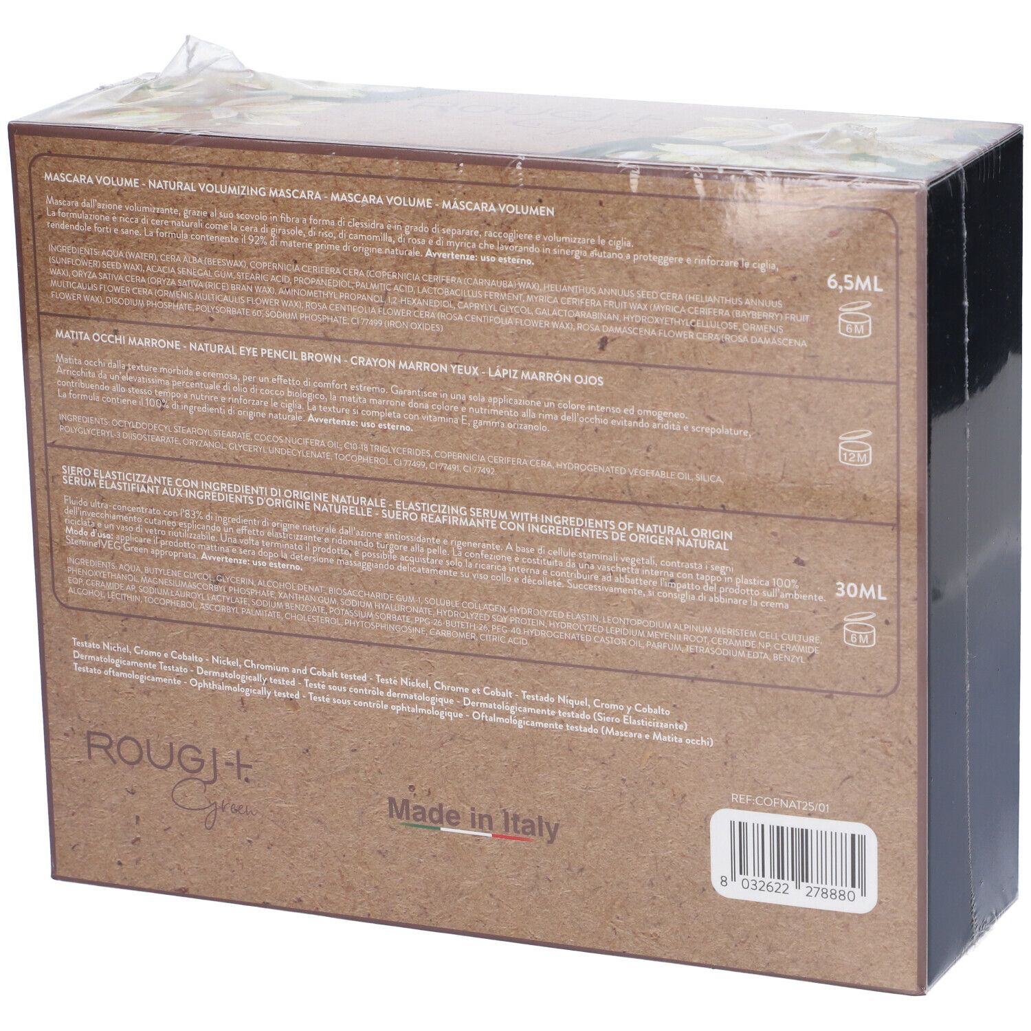 Retro del cofanetto regalo Rougj+ Green. Testo multilingue. Informazioni e ingredienti del prodotto.