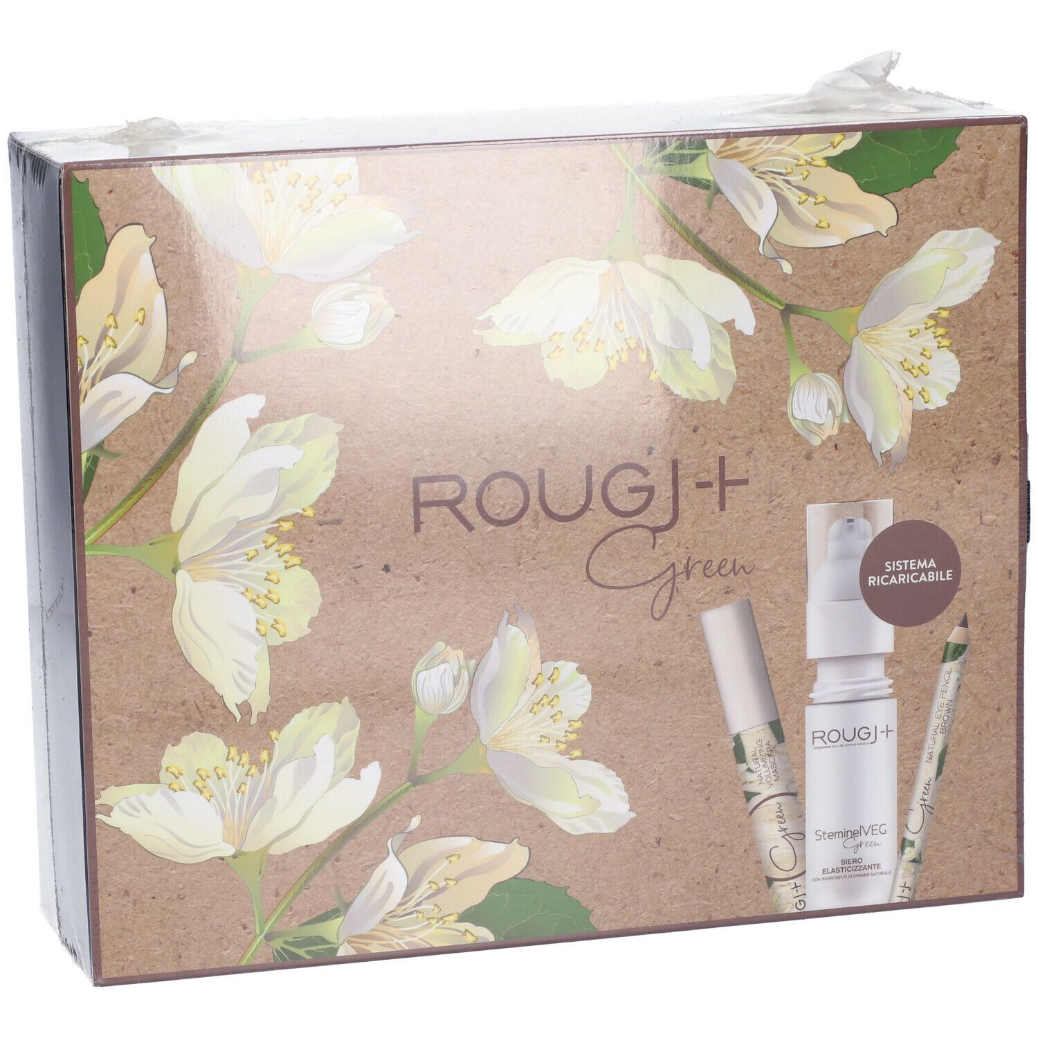 Cofanetto regalo Rougj+ Green con design floreale. Contiene mascara, siero e matita occhi. Prodotti visibili.