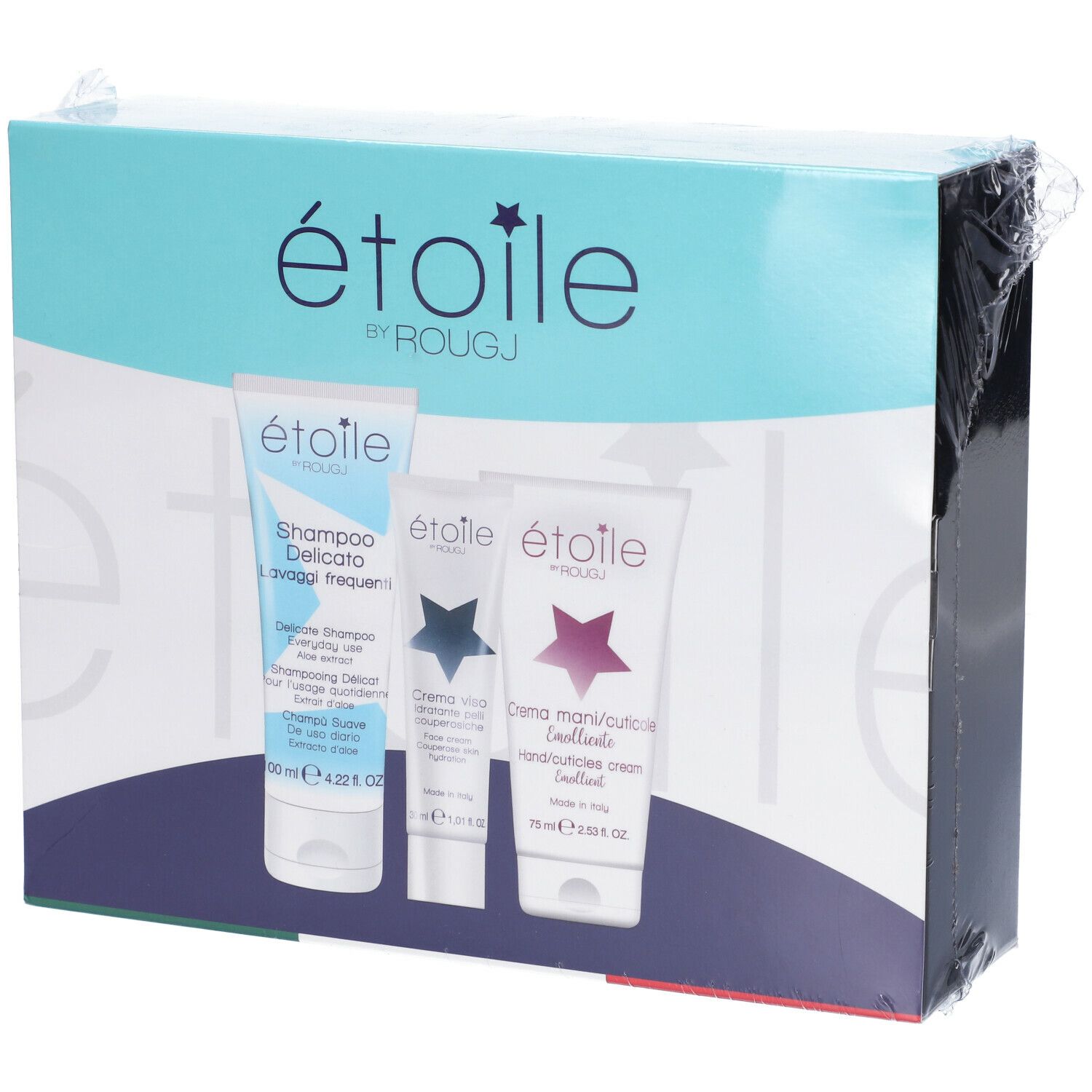 Confezione con tre prodotti cosmetici. Scritta: étoile by Rougj. Prodotti in tubi.