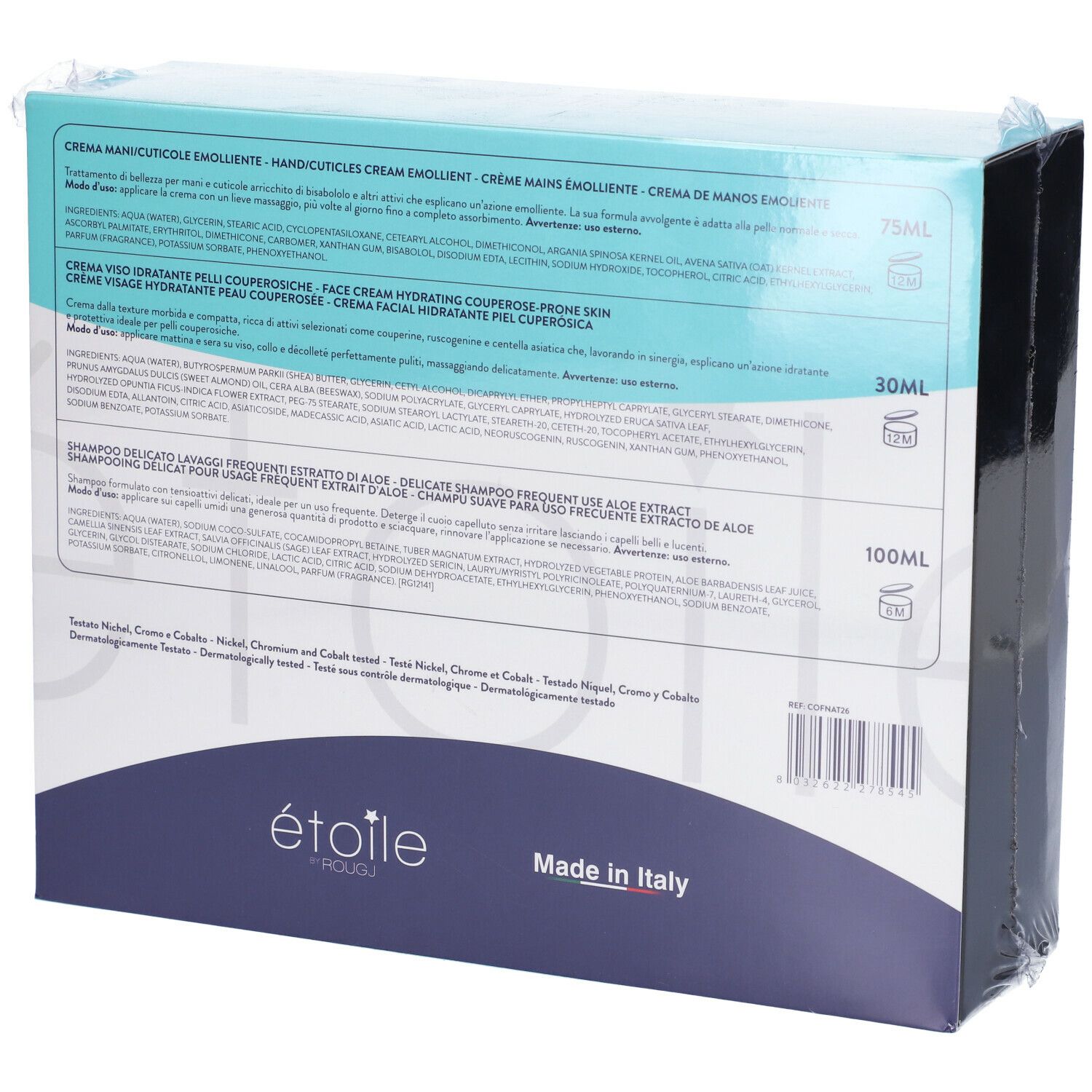 Retro della confezione con informazioni sul prodotto. Scritta: étoile by Rougj. Made in Italy.
