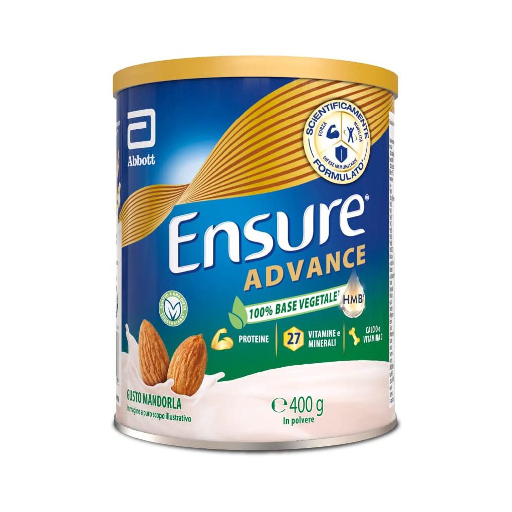 Barattolo Ensure Advance, gusto mandorla. Contiene base vegetale 100%, proteine, 27 vitamine e minerali. 400g.