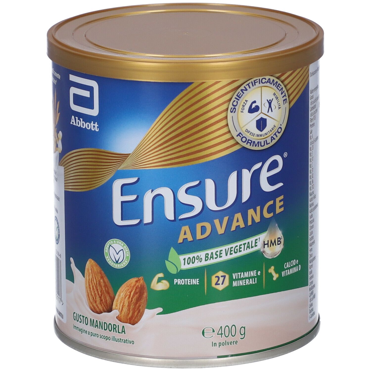 Barattolo Ensure Advance, gusto mandorla. Contiene base vegetale 100%, proteine, 27 vitamine e minerali. 400g.
