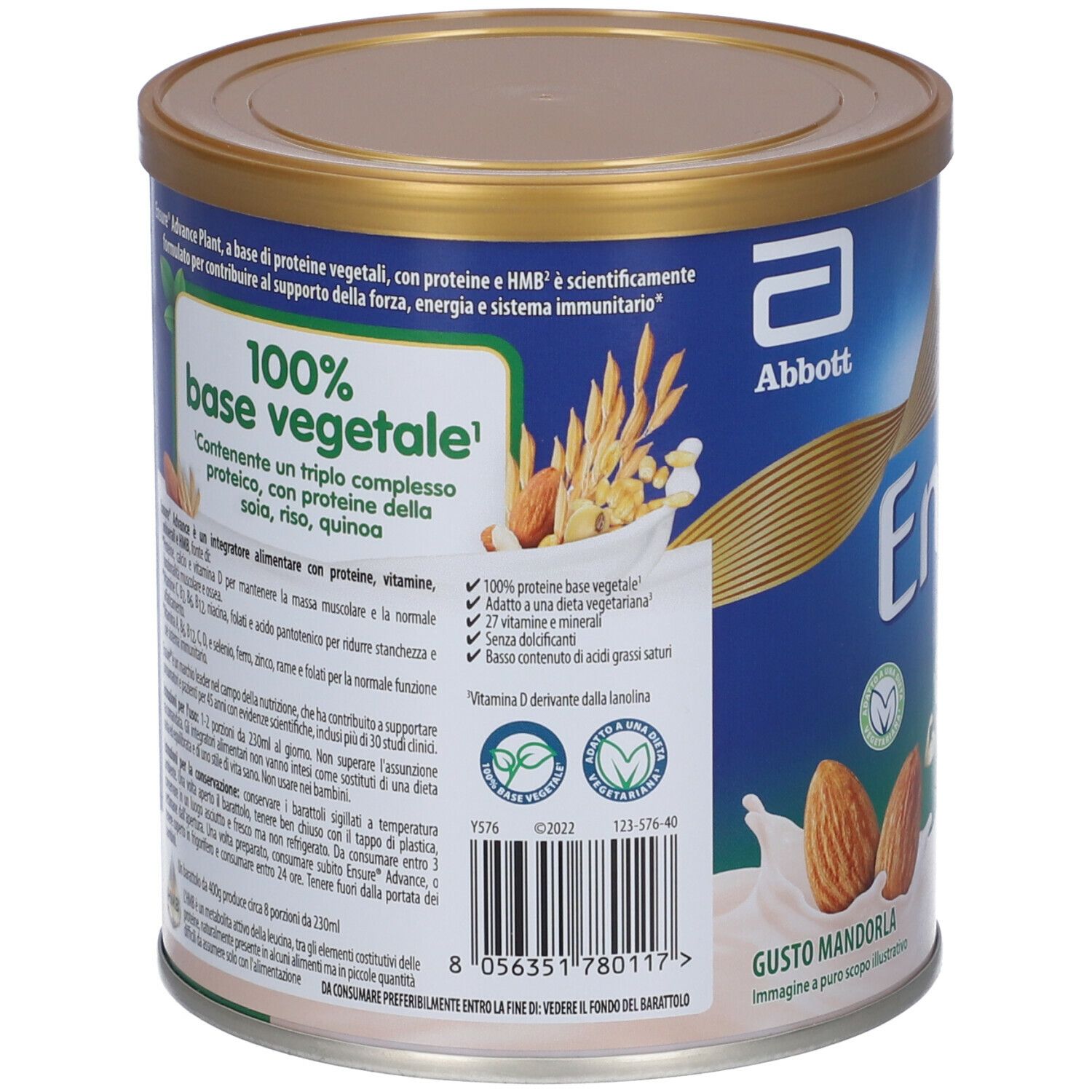 Barattolo Ensure Advance con elenco ingredienti e informazioni nutrizionali. Contiene base vegetale 100%.