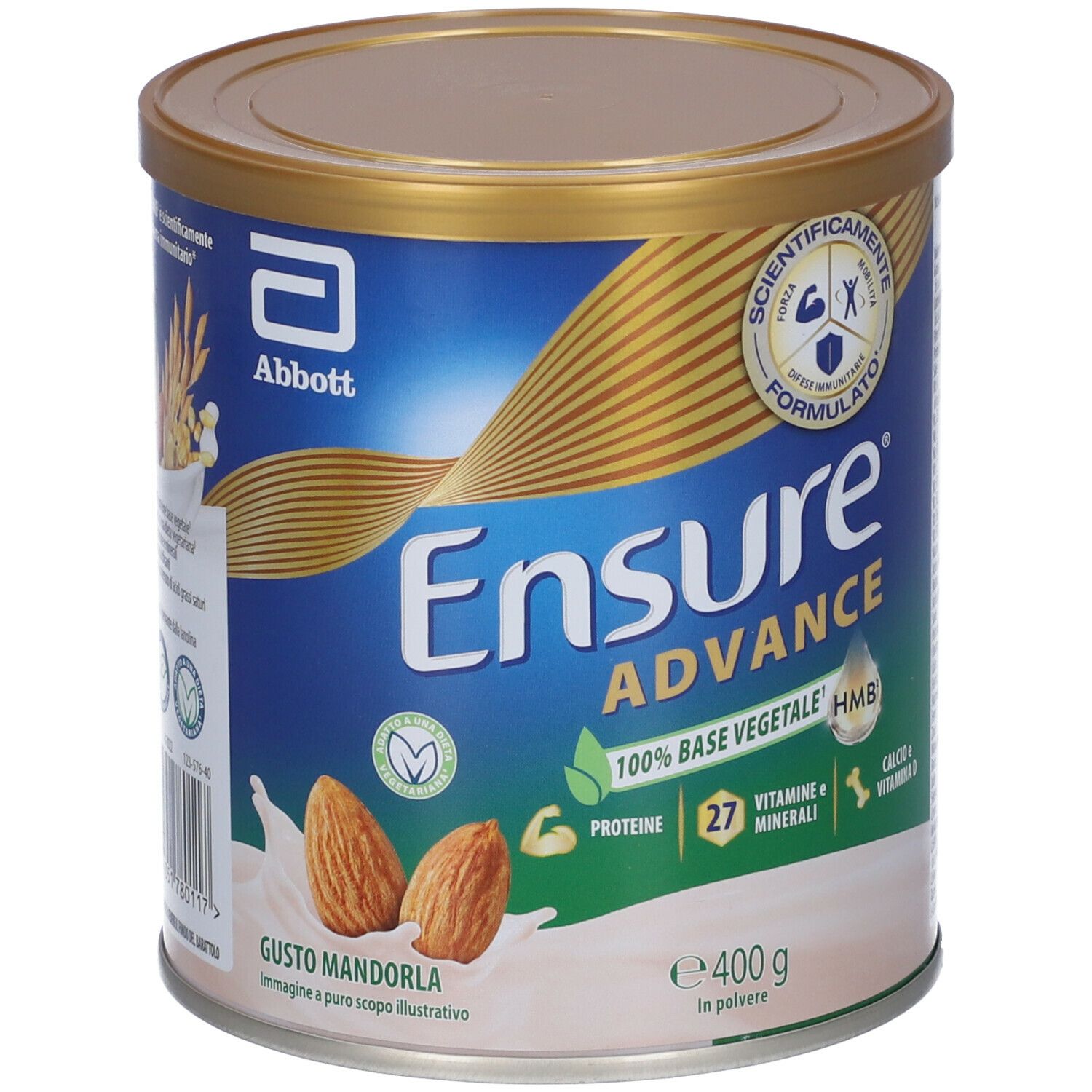 Barattolo Ensure Advance, gusto mandorla. Contiene base vegetale 100%, proteine, 27 vitamine e minerali. 400g.