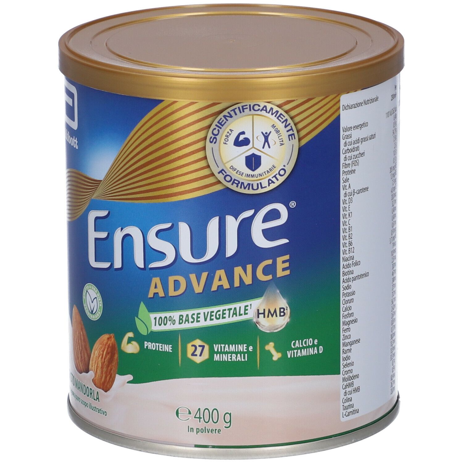 Barattolo Ensure Advance con informazioni nutrizionali. Contiene 27 vitamine e minerali. Per 230 ml+.