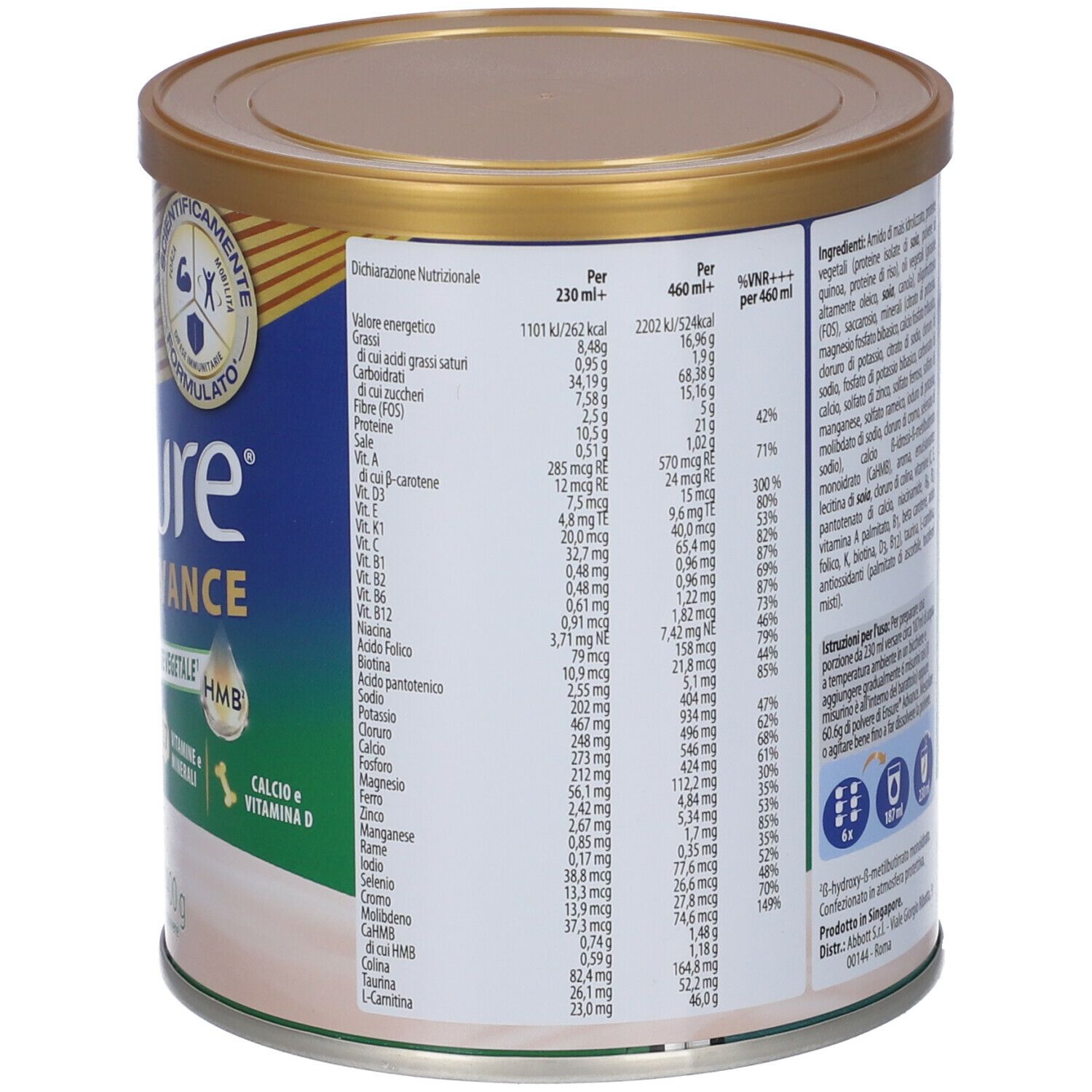 Barattolo Ensure Advance con informazioni nutrizionali. Contiene 27 vitamine e minerali. Per 460 ml+.