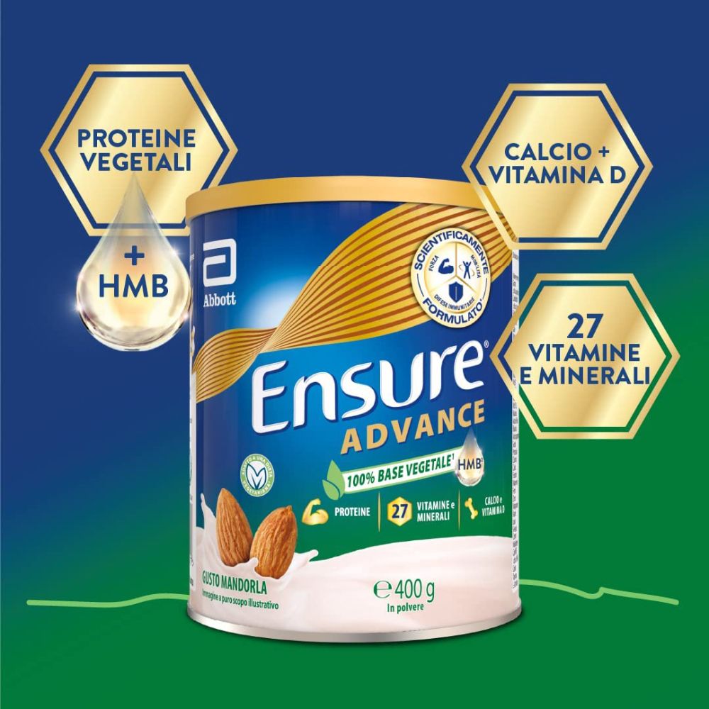 Barattolo Ensure Advance con proteine, calcio + vitamina D e 27 vitamine e minerali. Contiene HMB.