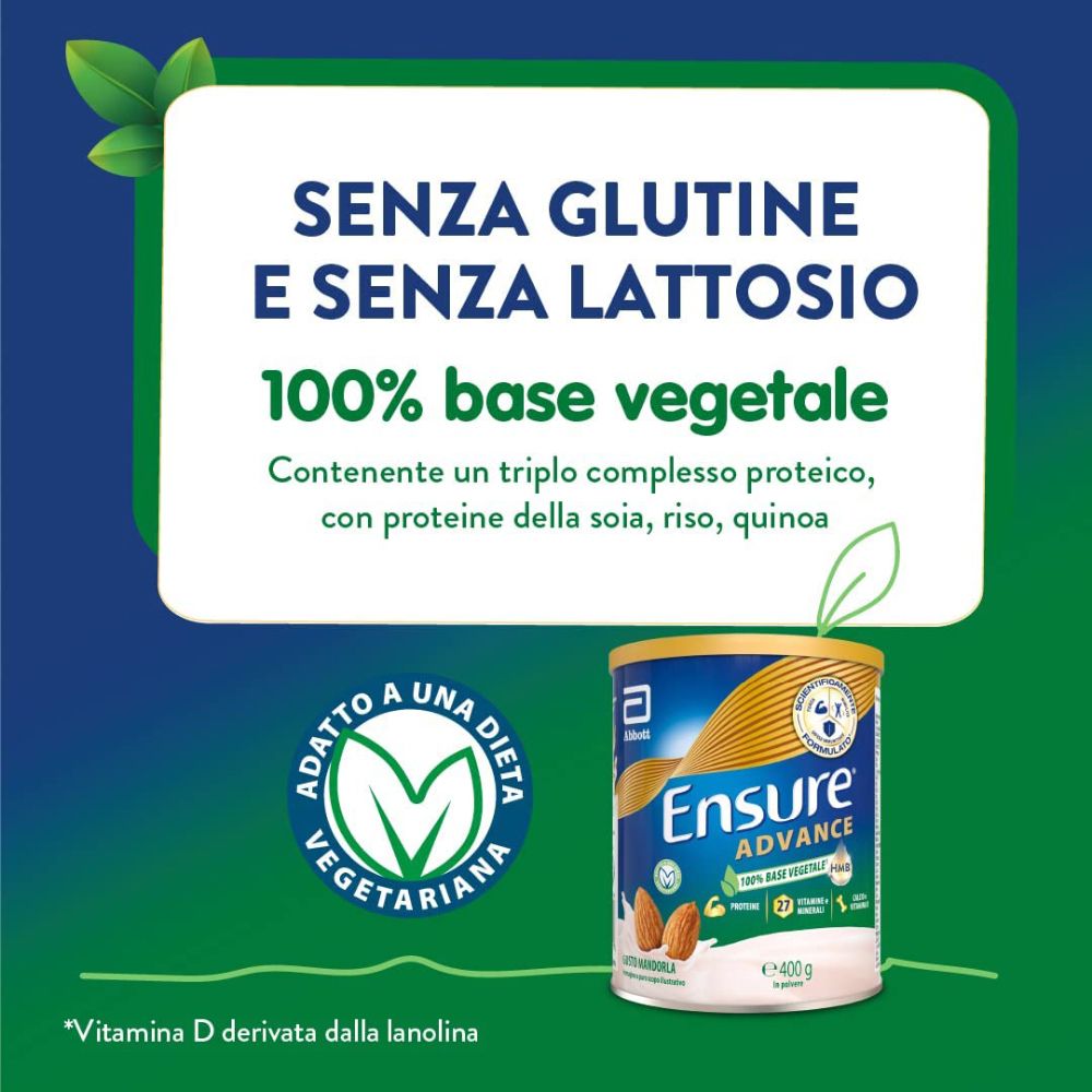Barattolo Ensure Advance. Senza glutine e lattosio. 100% base vegetale. Adatto a una dieta vegetariana.
