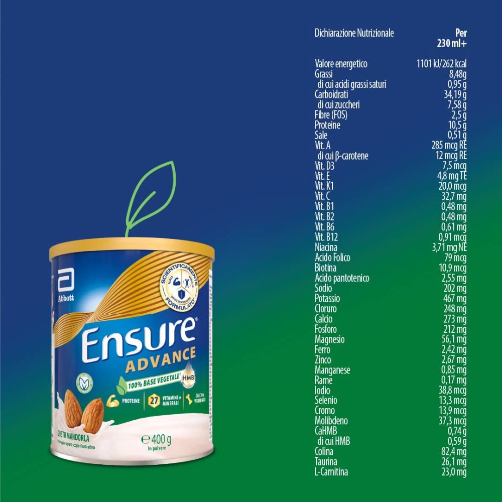 Barattolo Ensure Advance con informazioni nutrizionali. Contiene 27 vitamine e minerali. Per 230 ml+.