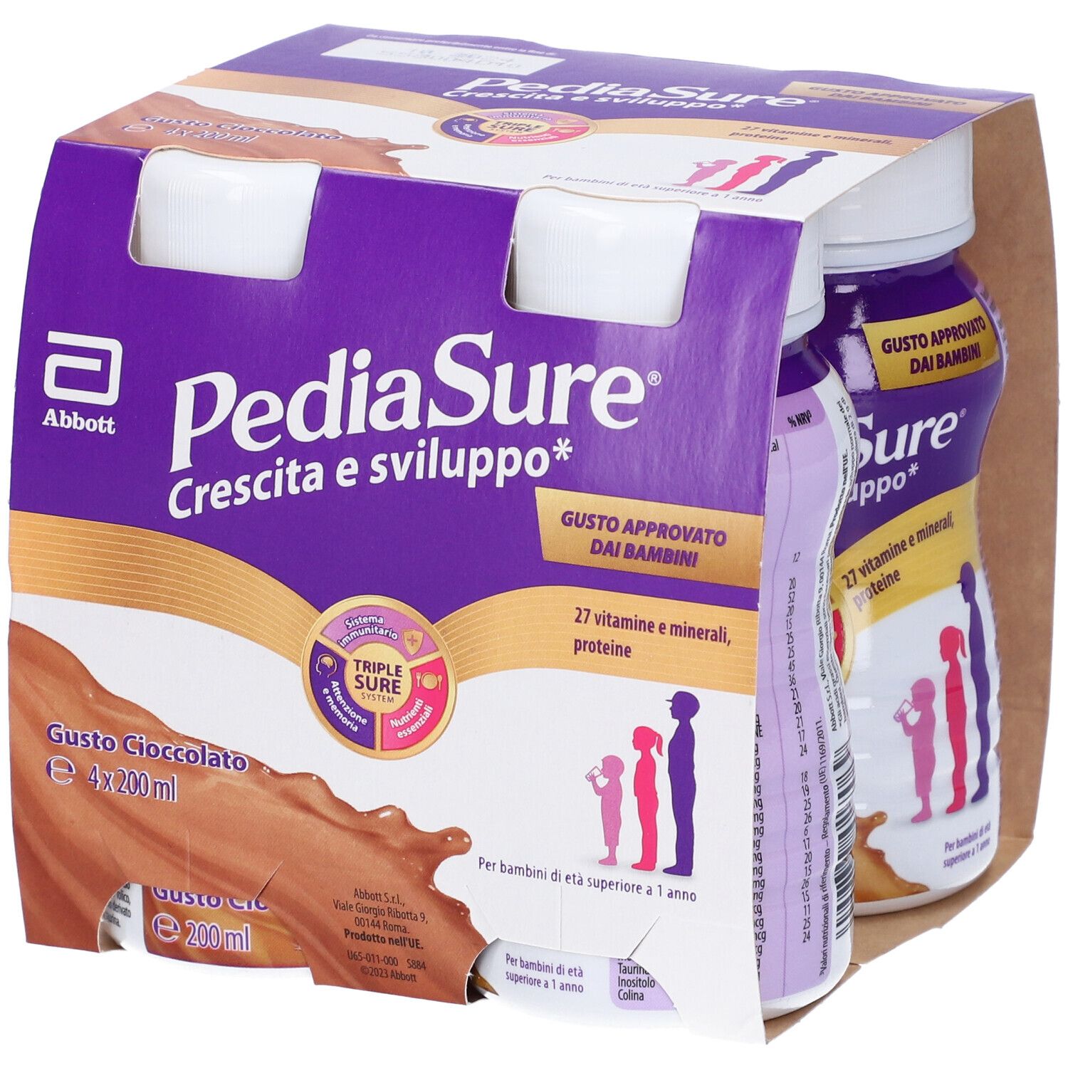 Confezione PediaSure gusto cioccolato, 4 bottiglie. Contiene 27 vitamine e minerali. Per bambini da 1 anno.