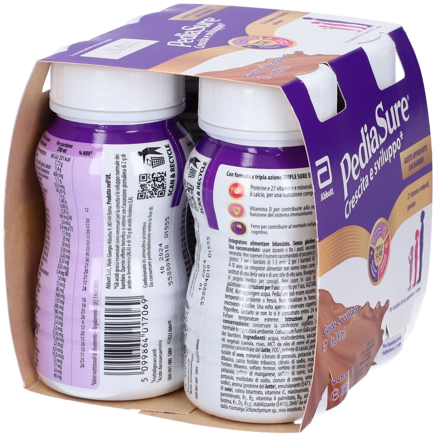 Retro confezione PediaSure con informazioni. Contiene 27 vitamine e minerali. Per bambini da 1 anno.
