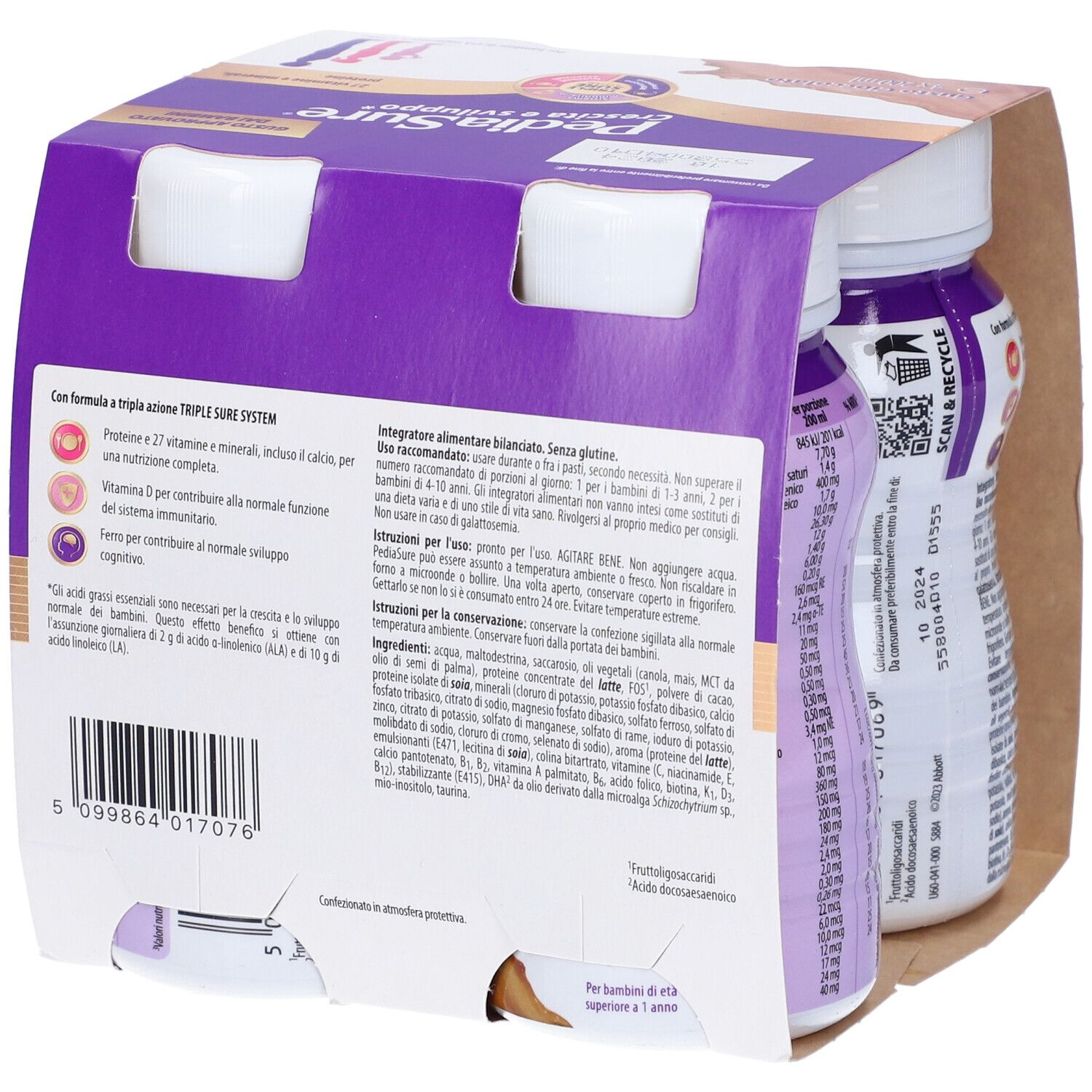 Retro confezione PediaSure con informazioni. Contiene 27 vitamine e minerali. Per bambini da 1 anno.