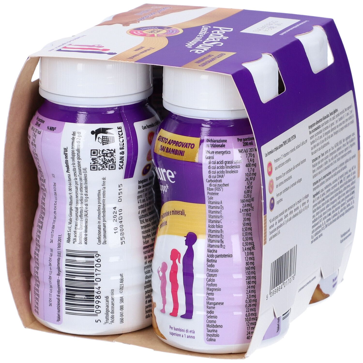 Confezione PediaSure con bottiglie. Contiene 27 vitamine e minerali. Per bambini da 1 anno. Con codice QR.