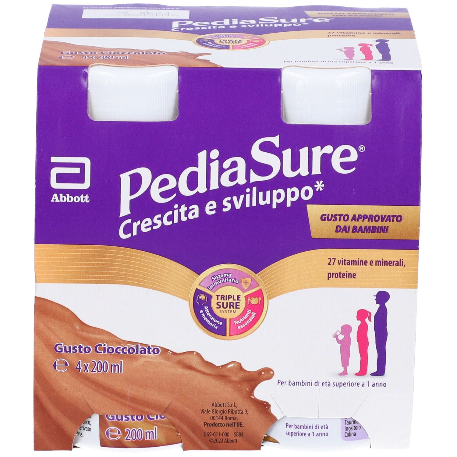 Confezione PediaSure, gusto cioccolato, con 4 bottiglie. Contiene 27 vitamine e minerali. Per bambini da 1 anno.